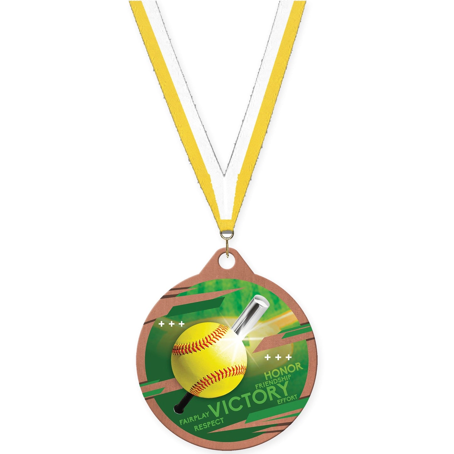 2 inch softball Inspire medal in bronze with Yellow White neck ribbon