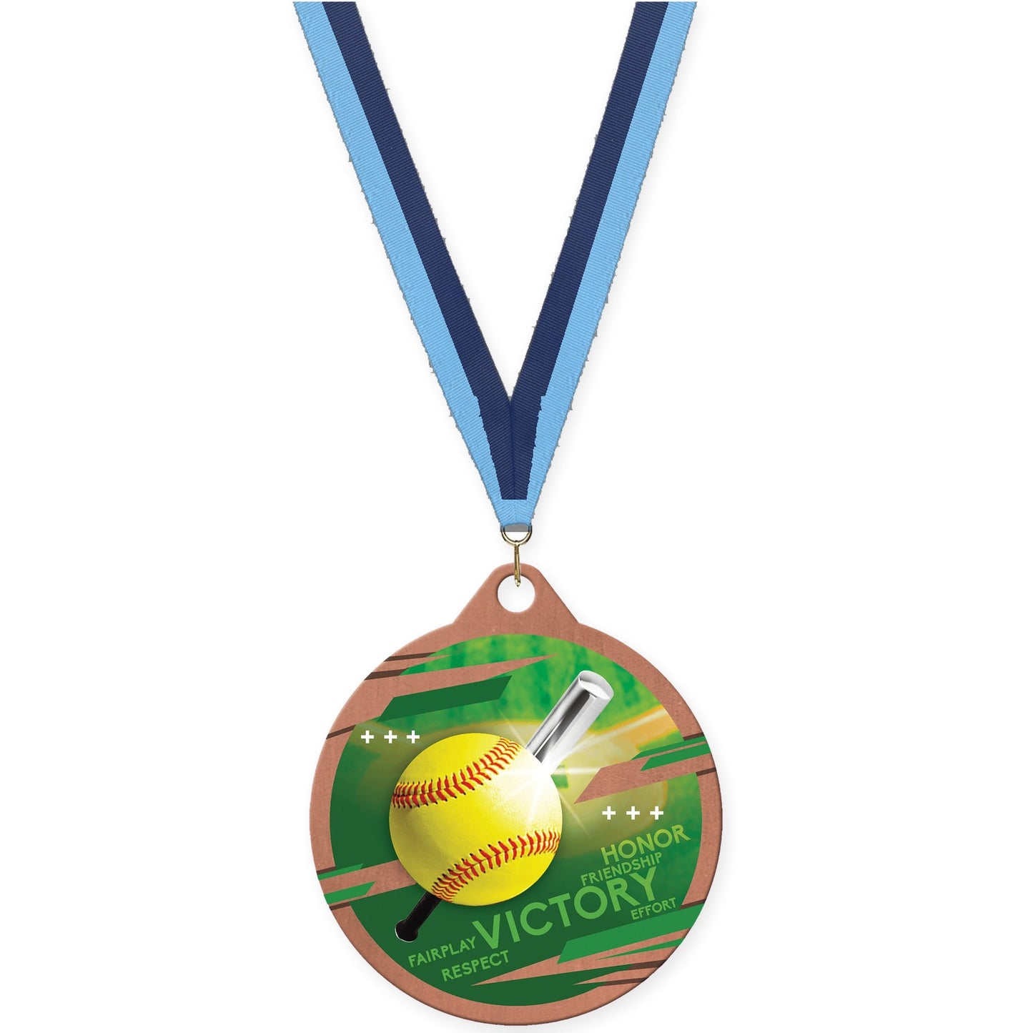 2 inch softball Inspire medal in bronze with Light Blue Navy neck ribbon