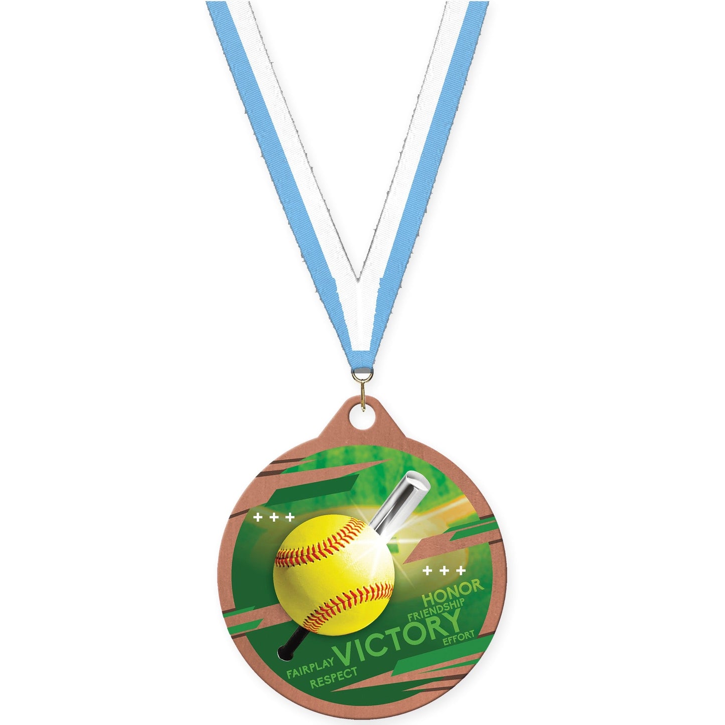 2 inch softball Inspire medal in bronze with Light Blue White neck ribbon