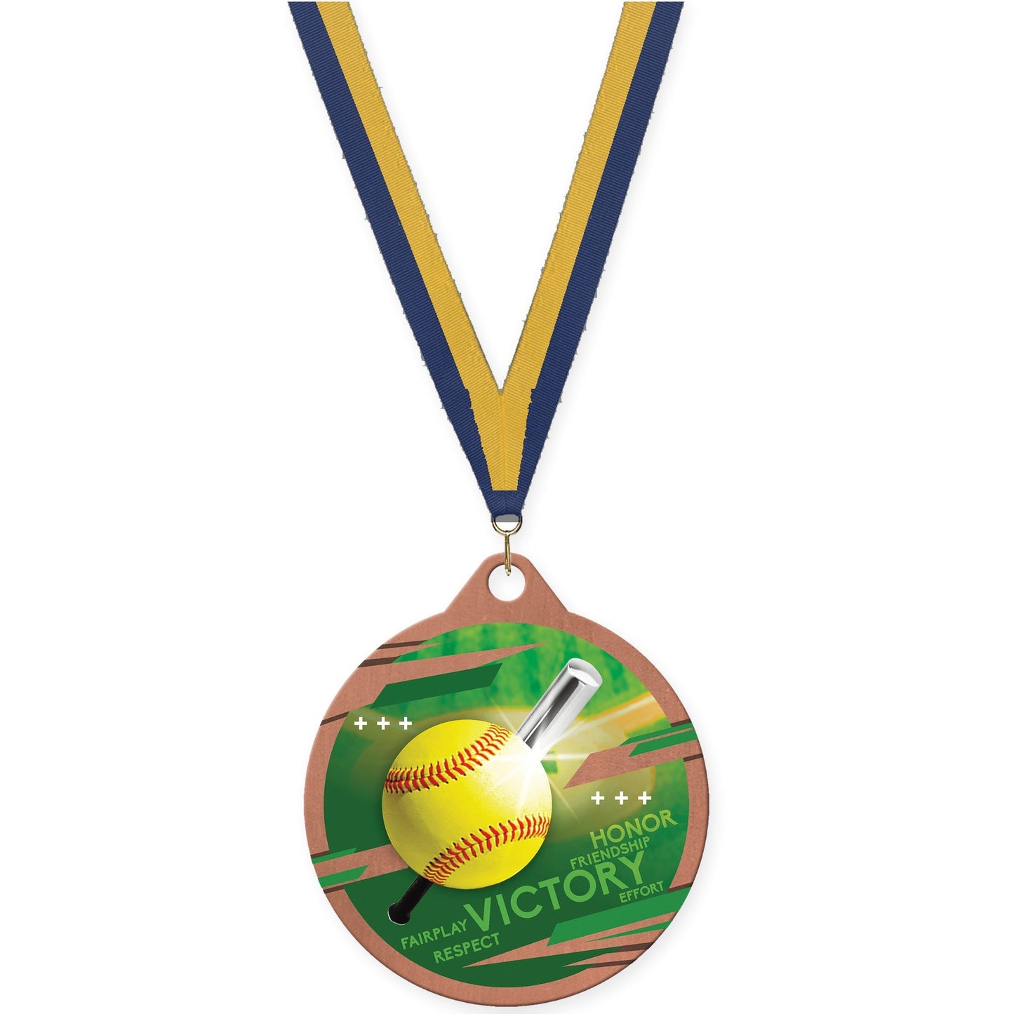 2 inch softball Inspire medal in bronze with Navy Gold neck ribbon