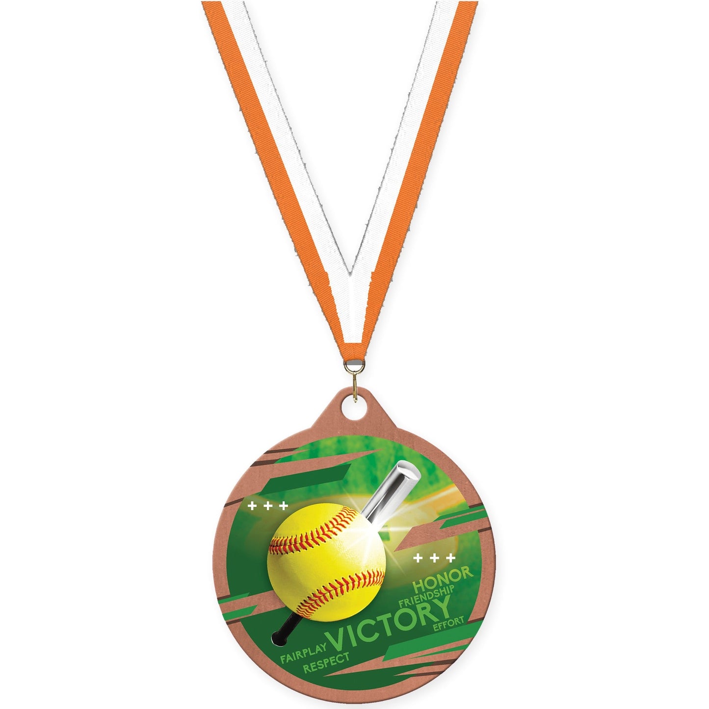 2 inch softball Inspire medal in bronze with Orange White neck ribbon