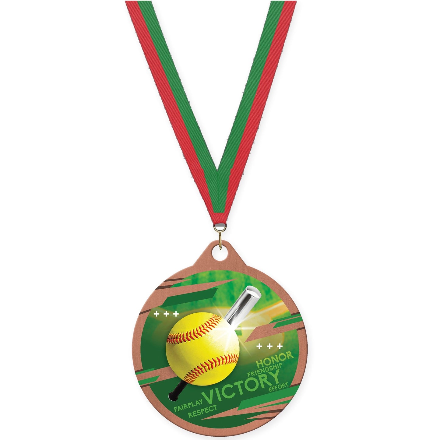 2 inch softball Inspire medal in bronze with Red Green neck ribbon