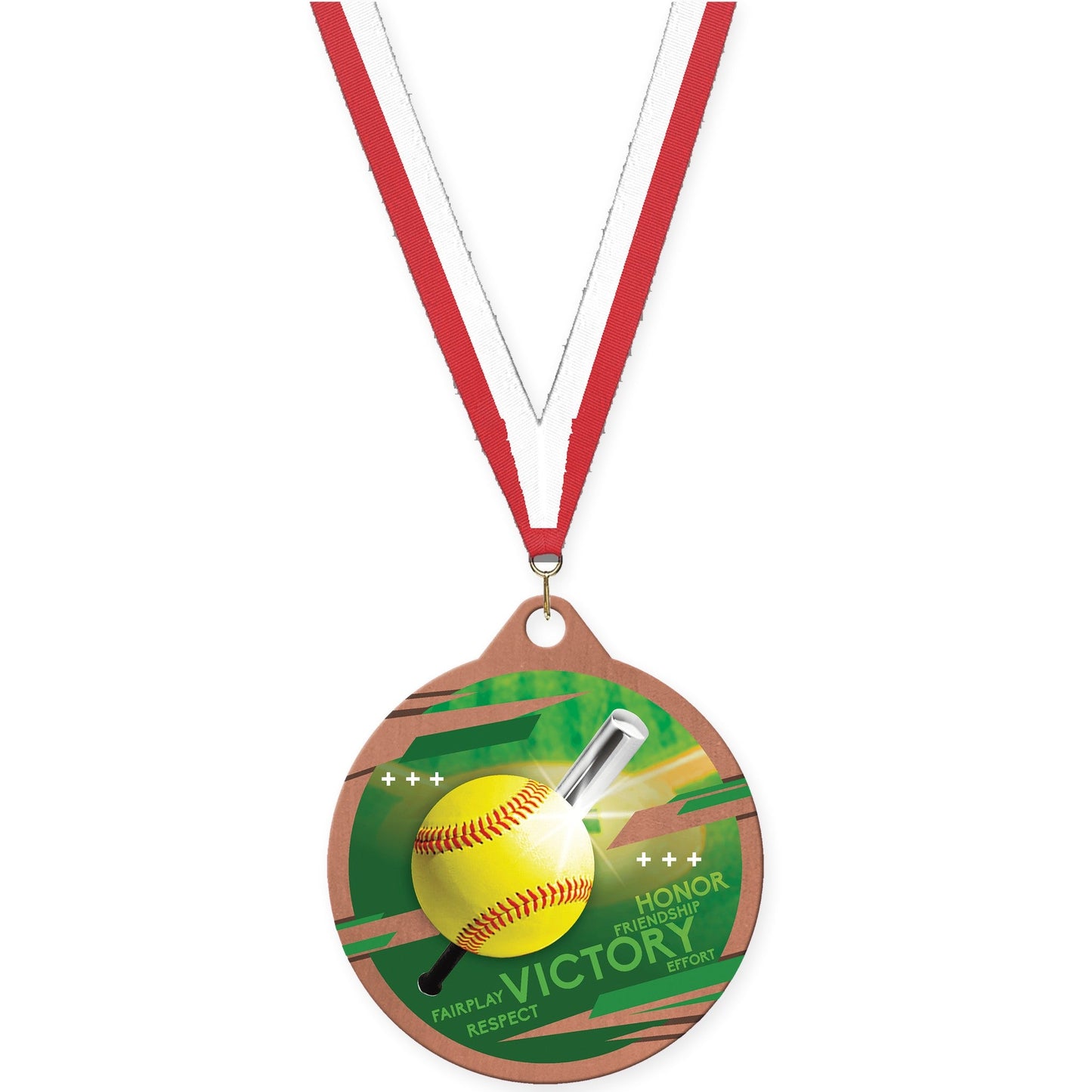 2 inch softball Inspire medal in bronze with Red White neck ribbon