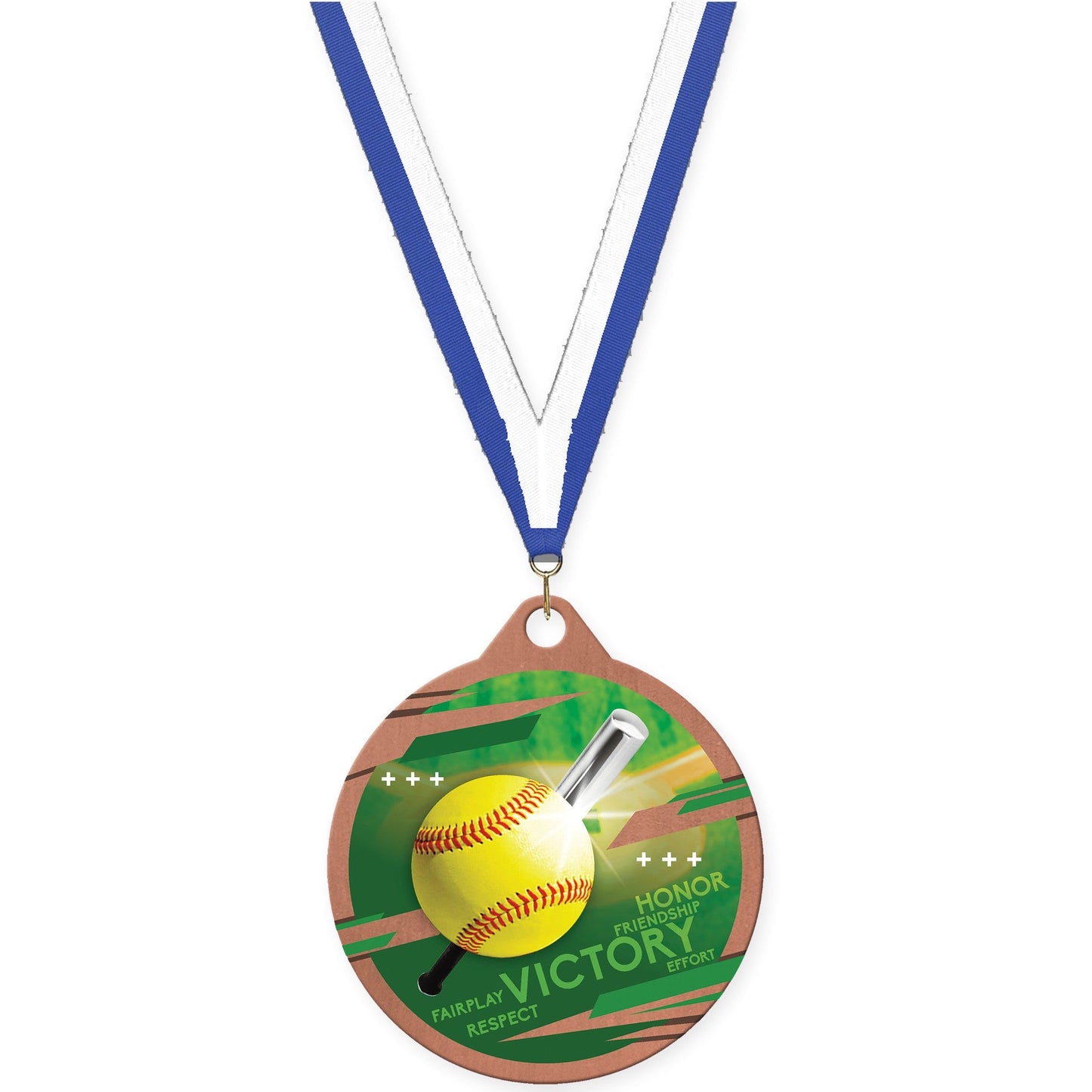2 inch softball Inspire medal in bronze with Blue White neck ribbon