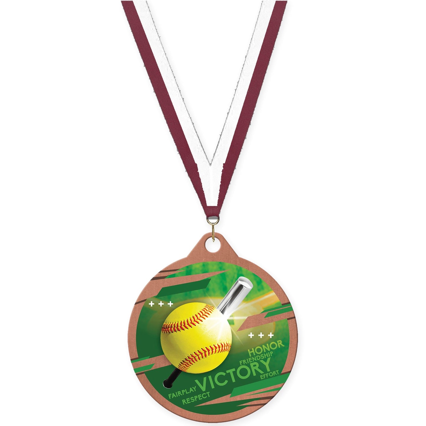 2 inch softball Inspire medal in bronze with Maroon White neck ribbon