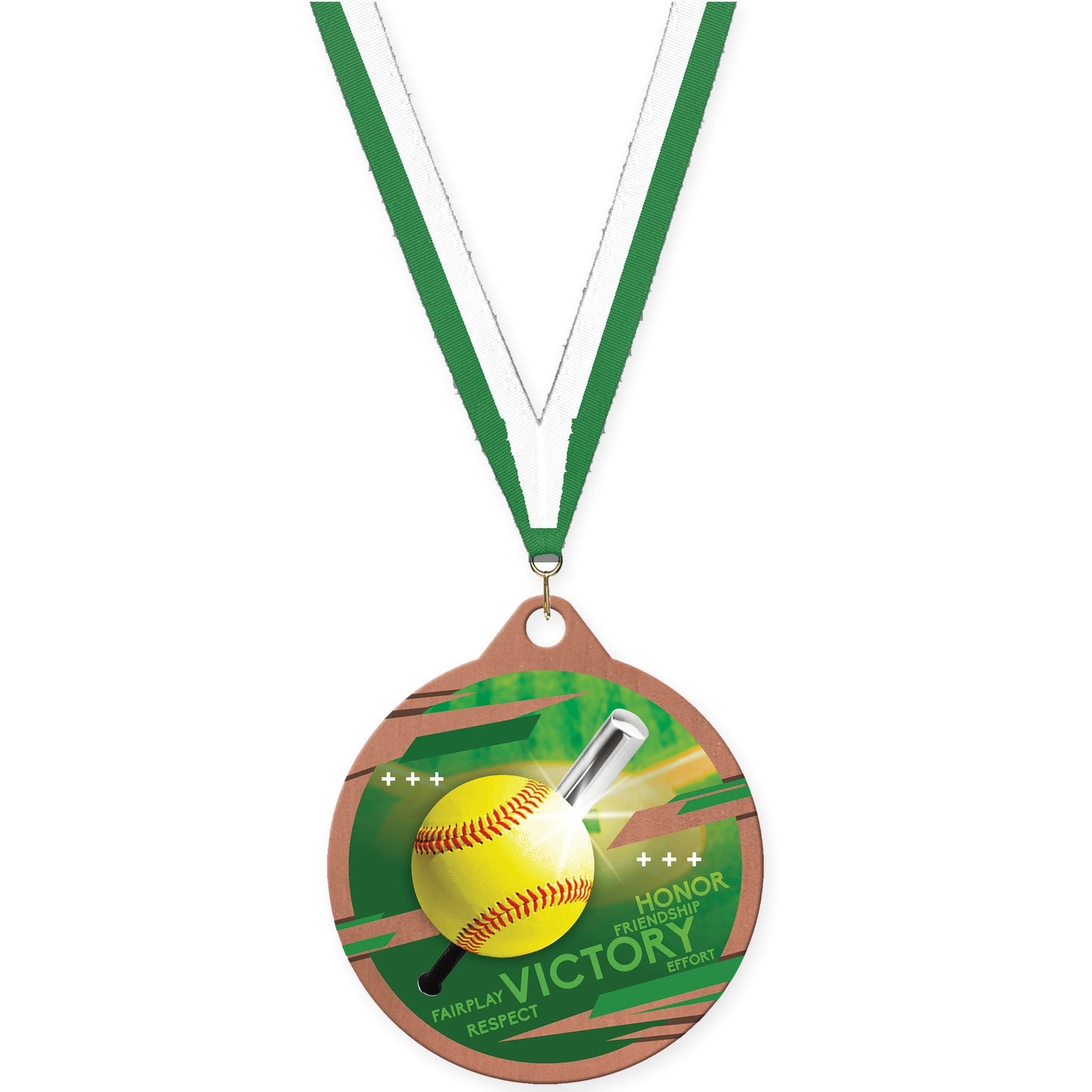 2 inch softball Inspire medal in bronze with Green White neck ribbon