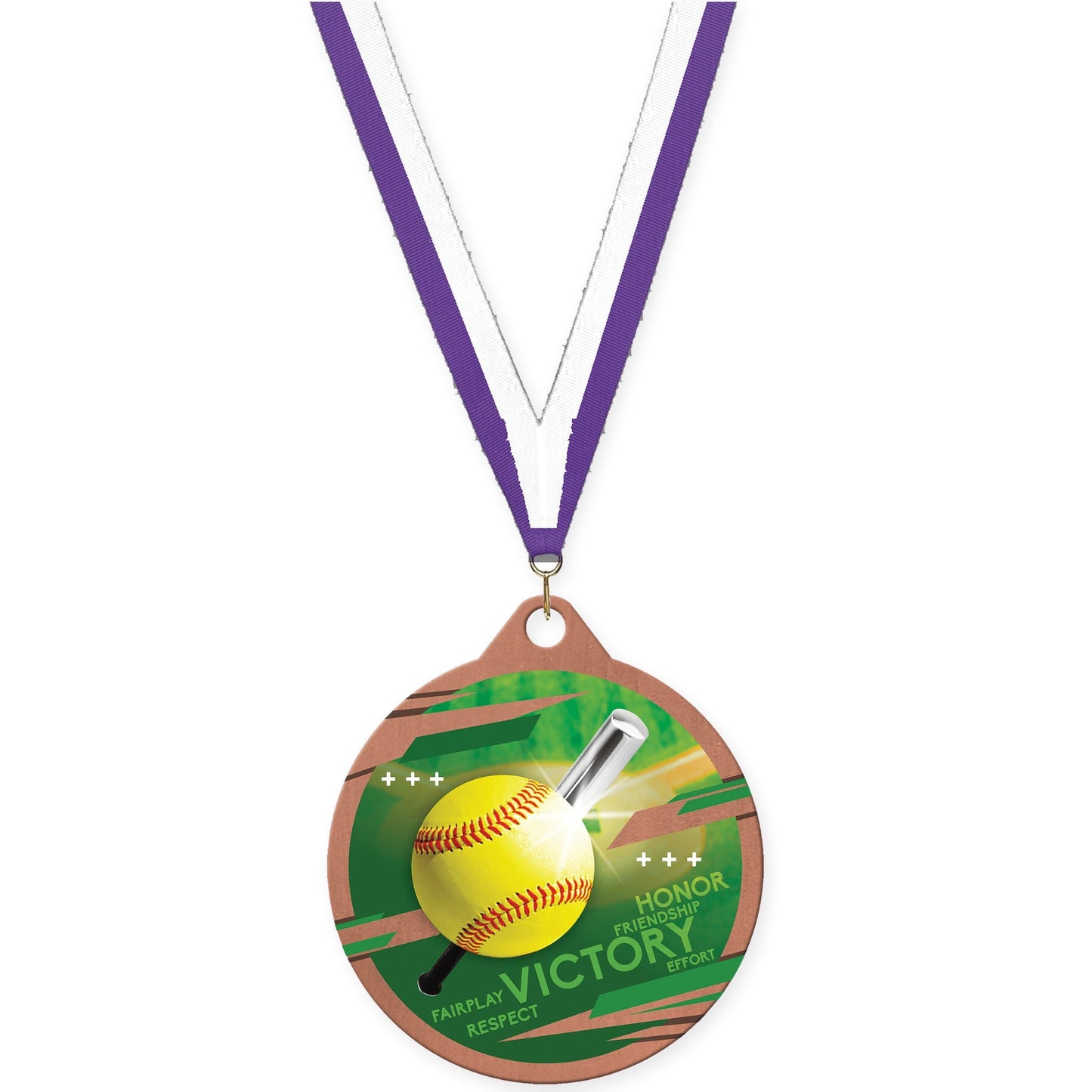 2 inch softball Inspire medal in bronze with Purple White neck ribbon