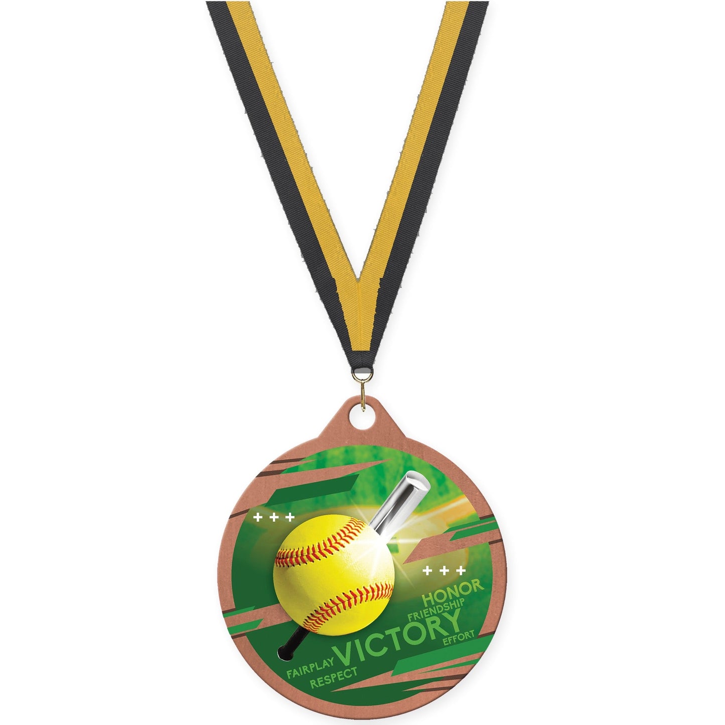 2 inch softball Inspire medal in bronze with Black Gold neck ribbon