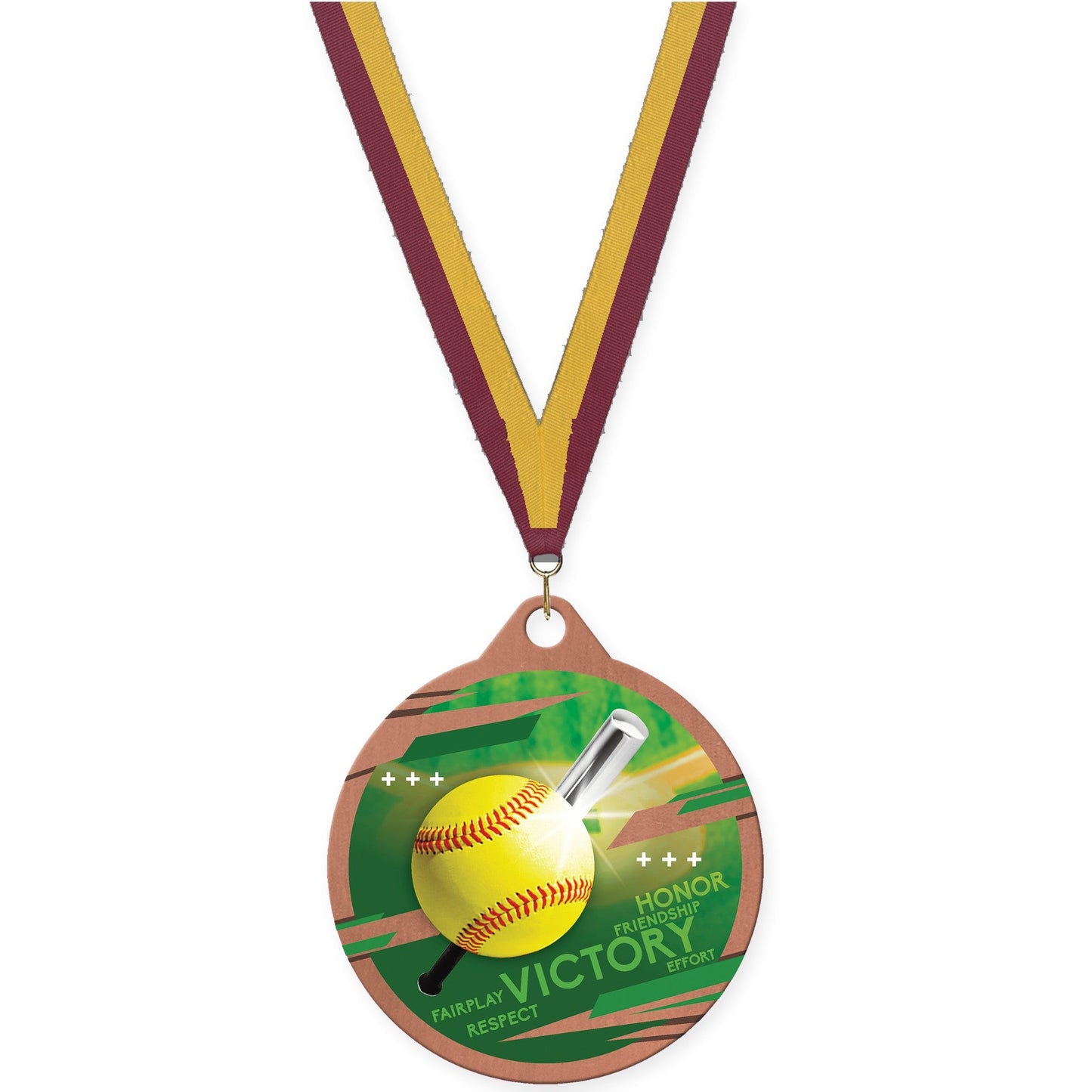 2 inch softball Inspire medal in bronze with Maroon Gold neck ribbon