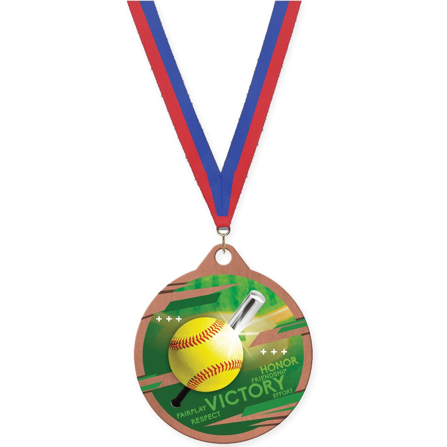 2 inch softball Inspire medal in bronze with Blue Red neck ribbon