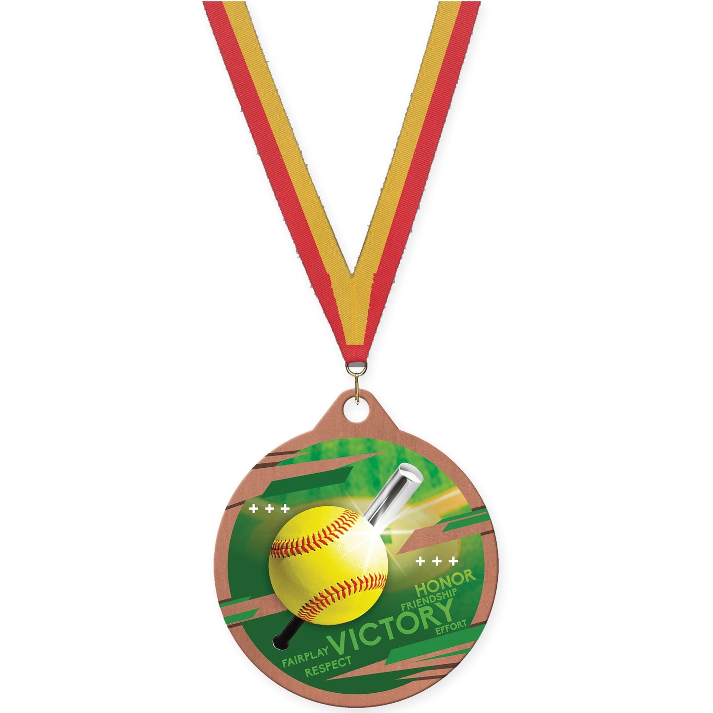 2 inch softball Inspire medal in bronze with Red Gold neck ribbon