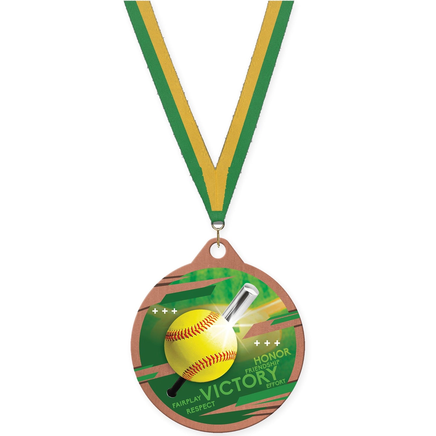 2 inch softball Inspire medal in bronze with Green Gold neck ribbon