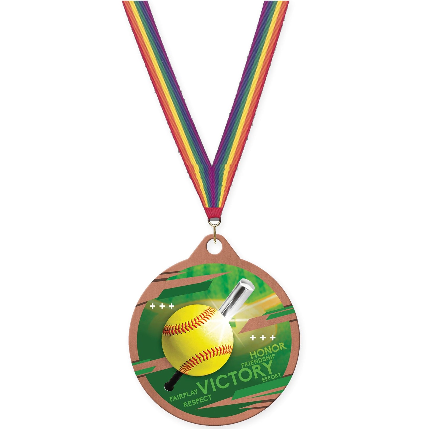 2 inch softball Inspire medal in bronze with Rainbow neck ribbon