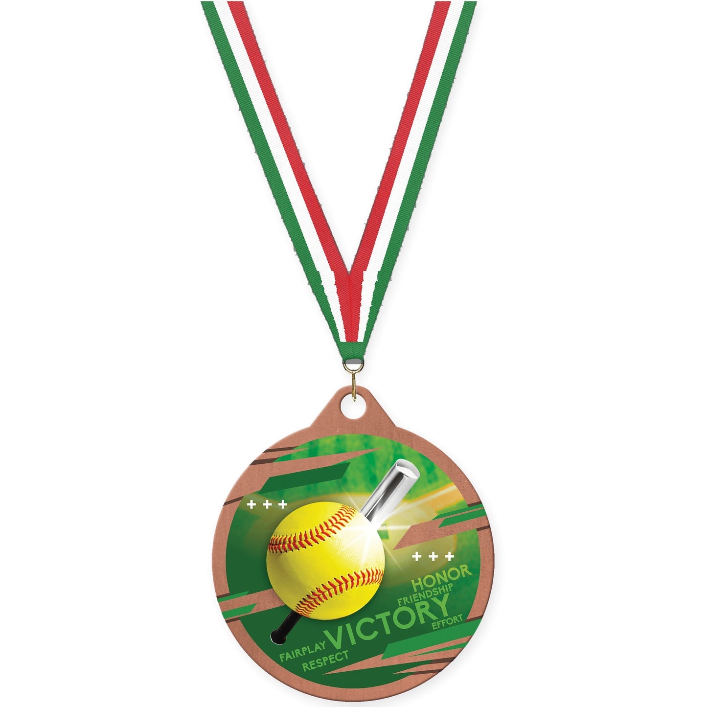 2 inch softball Inspire medal in bronze with Green White Red neck ribbon