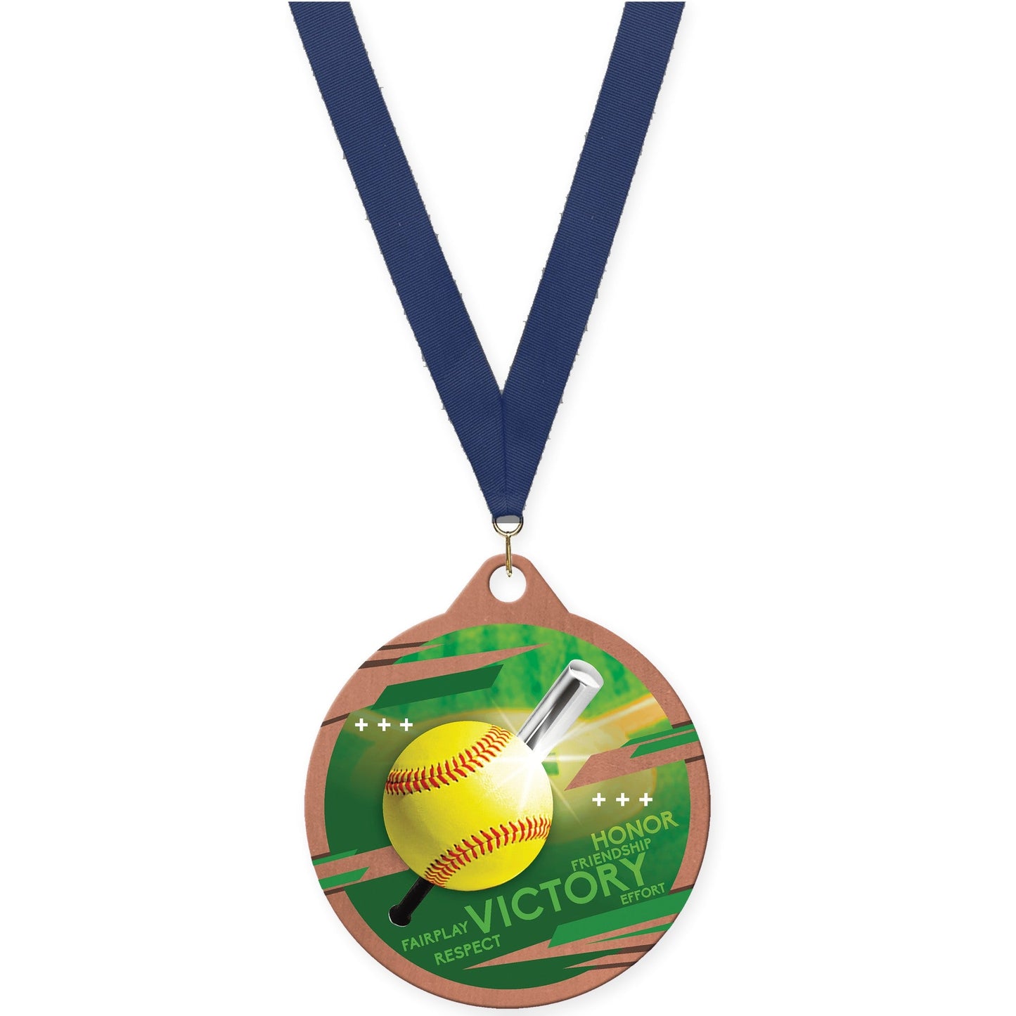 2 inch softball Inspire medal in bronze with Navy neck ribbon