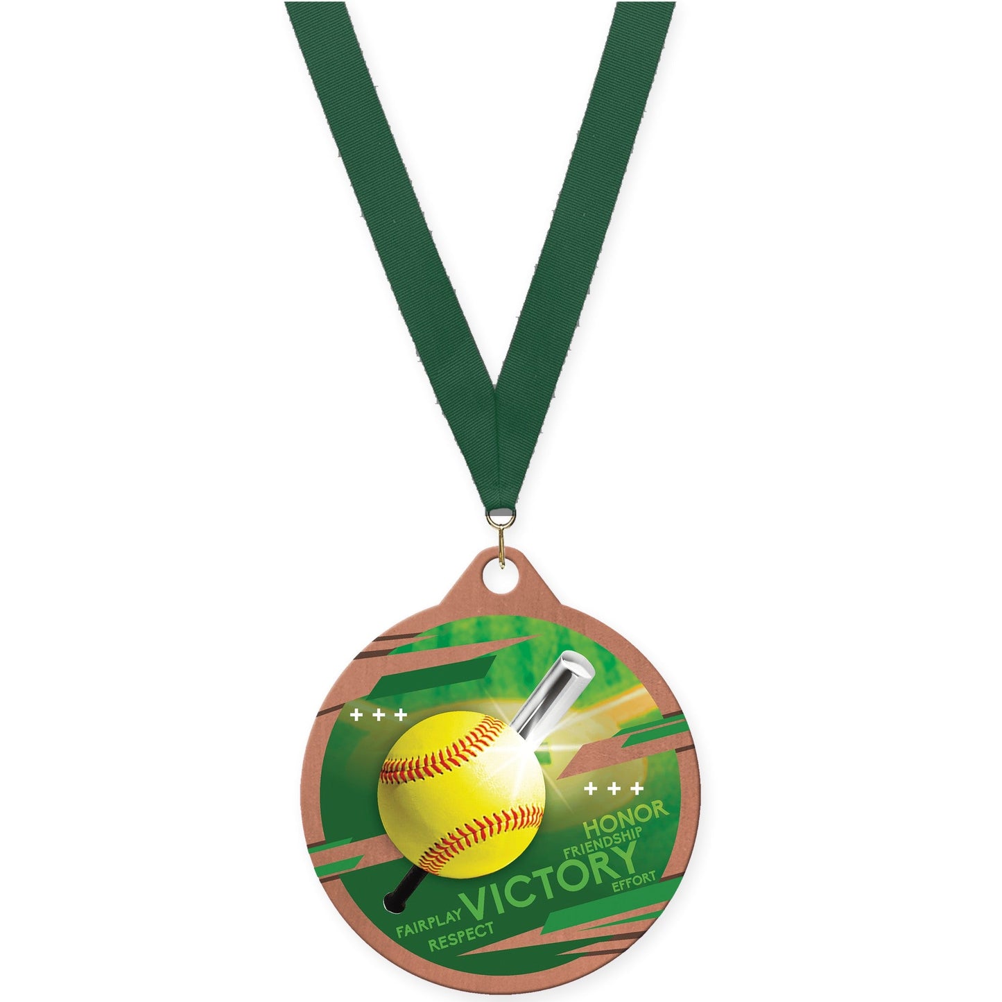 2 inch softball Inspire medal in bronze with Hunter Green neck ribbon