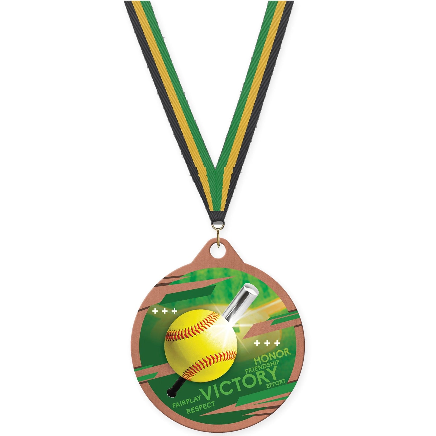 2 inch softball Inspire medal in bronze with Black Gold Green neck ribbon