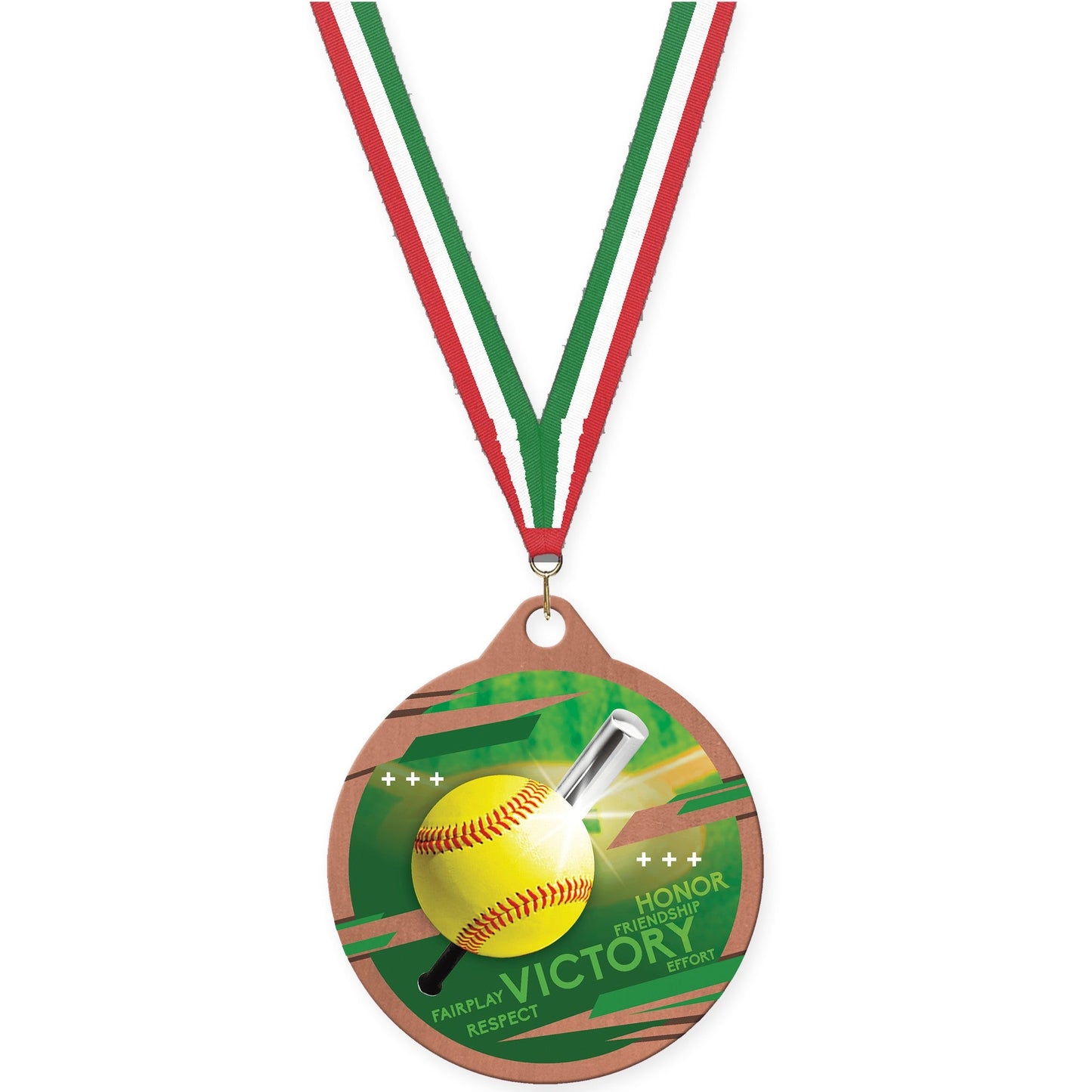 2 inch softball Inspire medal in bronze with Red White Green neck ribbon