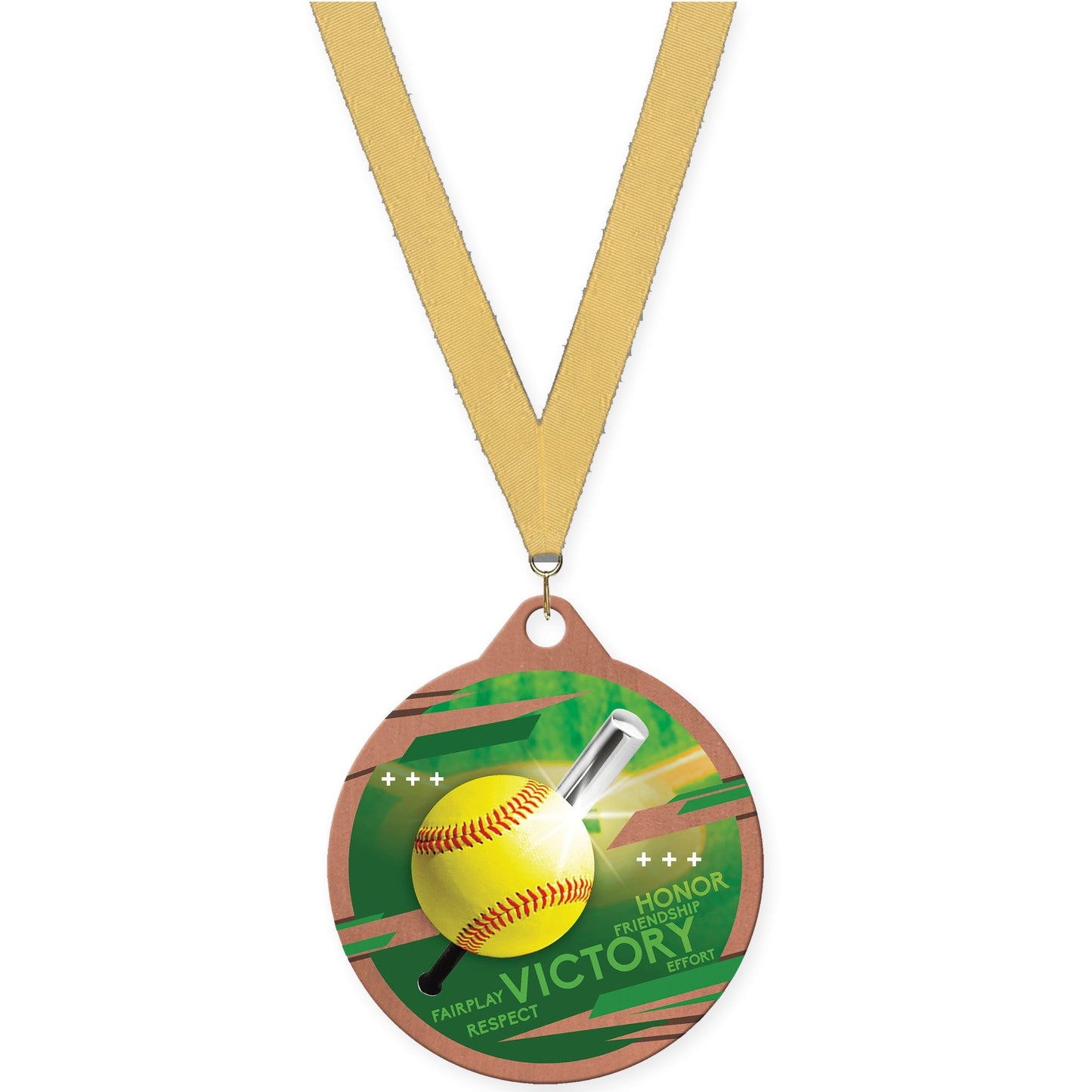 2 inch softball Inspire medal in bronze with Gold Metallic neck ribbon