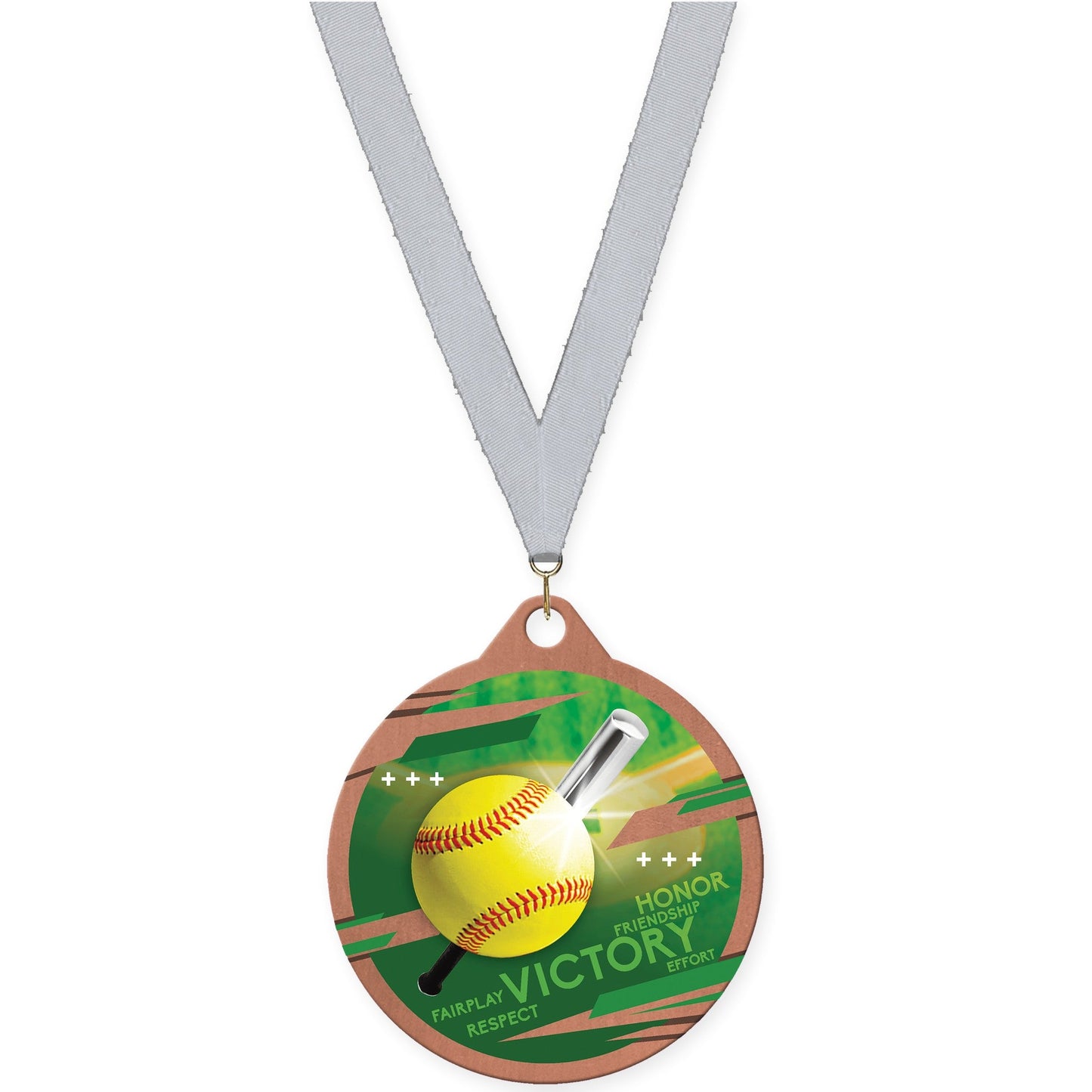 2 inch softball Inspire medal in bronze with Silver Metallic neck ribbon
