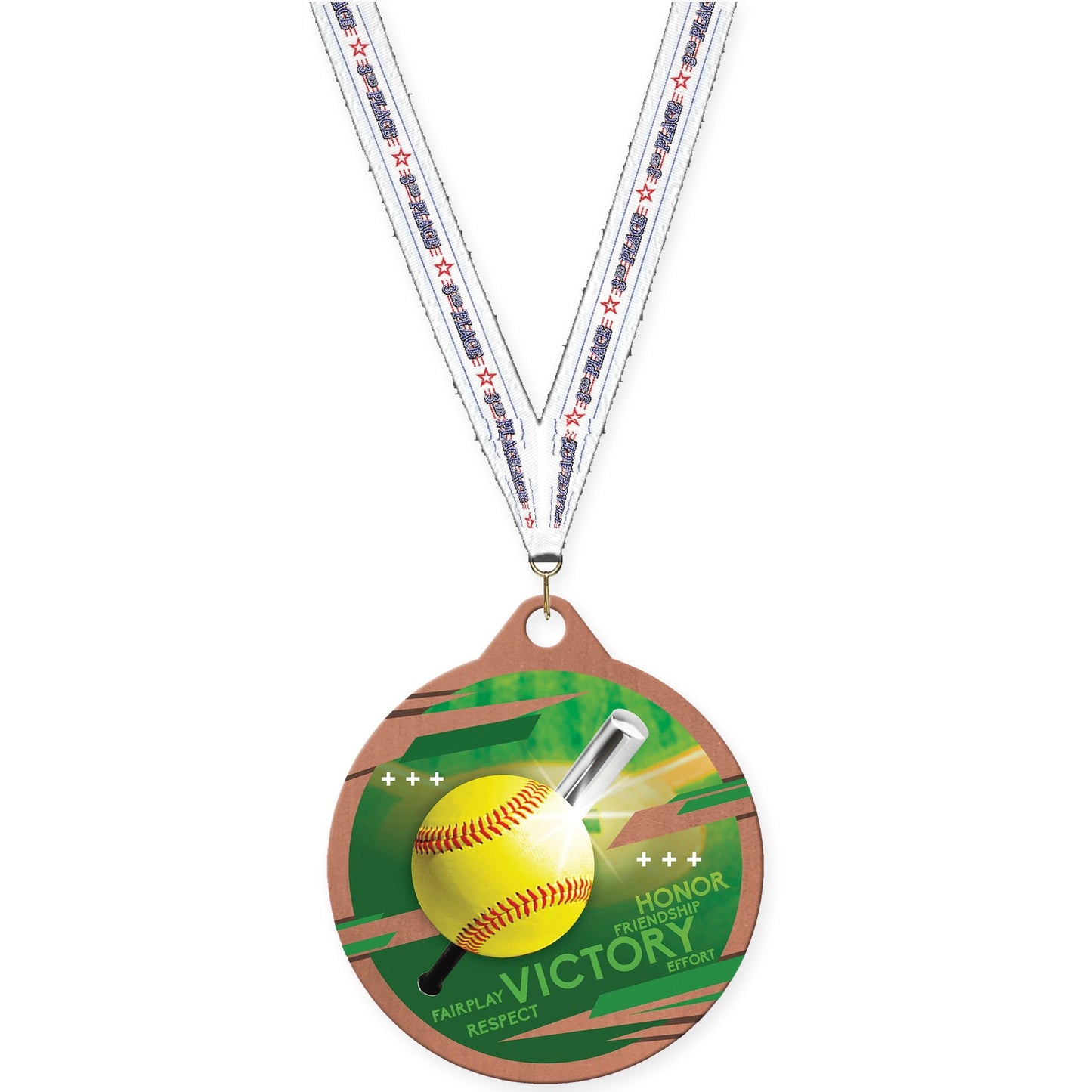 2 inch softball Inspire medal in bronze with 3rd Place neck ribbon