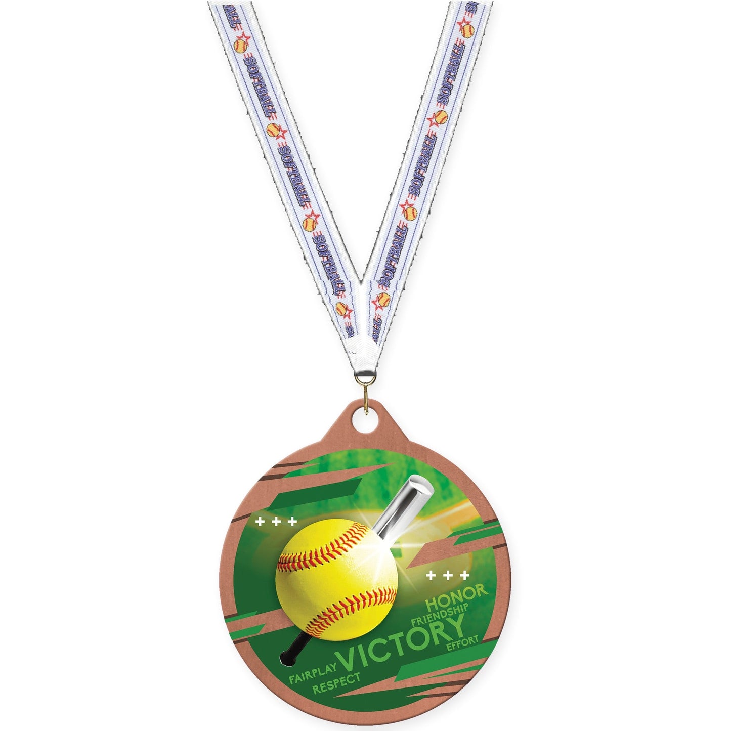 2 inch softball Inspire medal in bronze with Softball neck ribbon