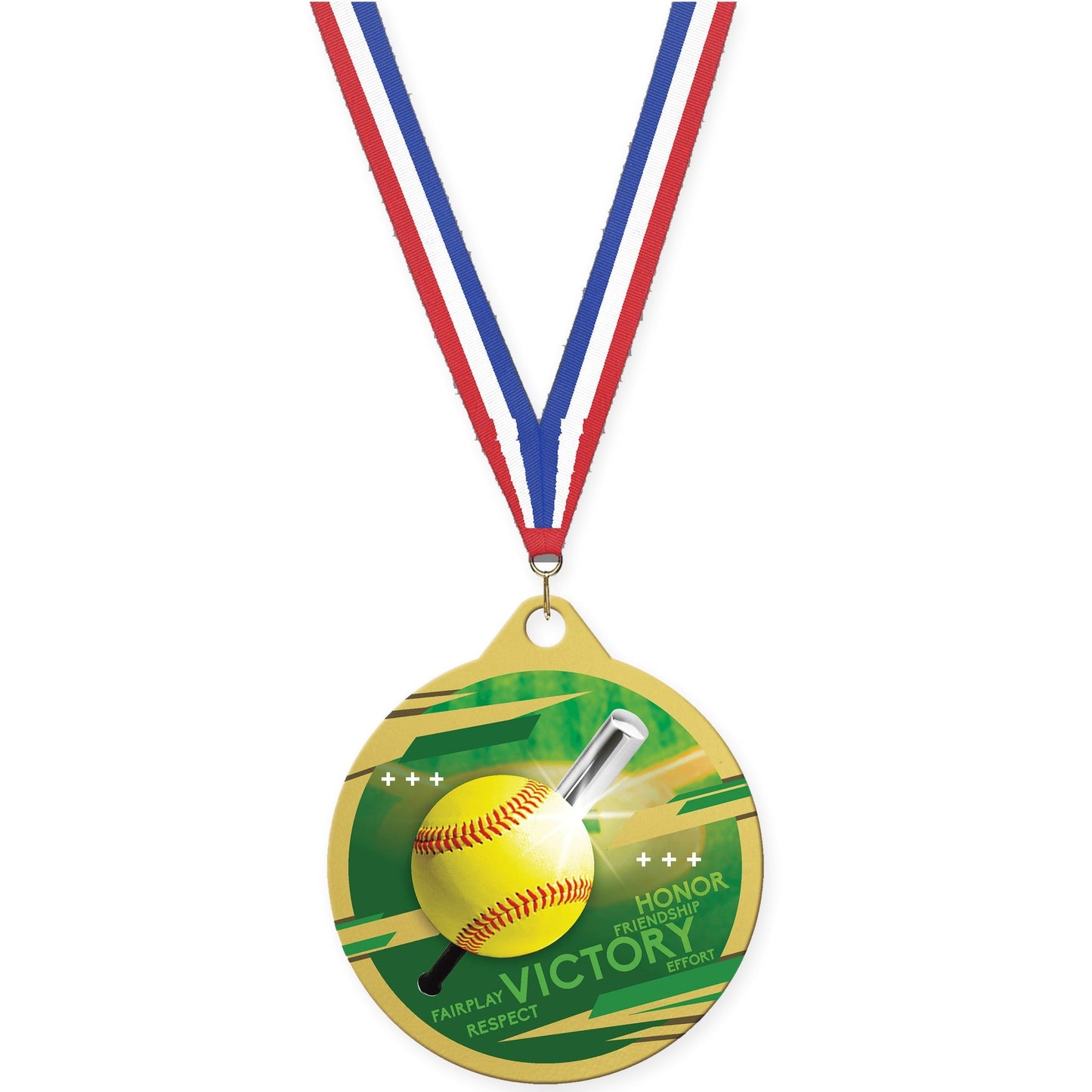 2 inch softball Inspire medal in gold with Red White Blue neck ribbon