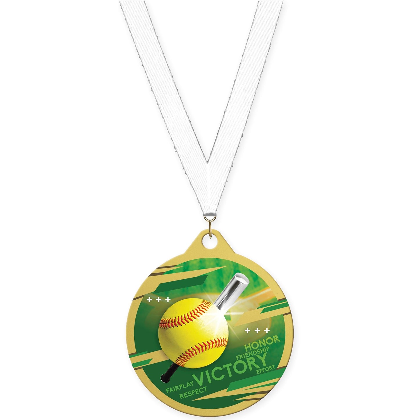2 inch softball Inspire medal in gold with White neck ribbon