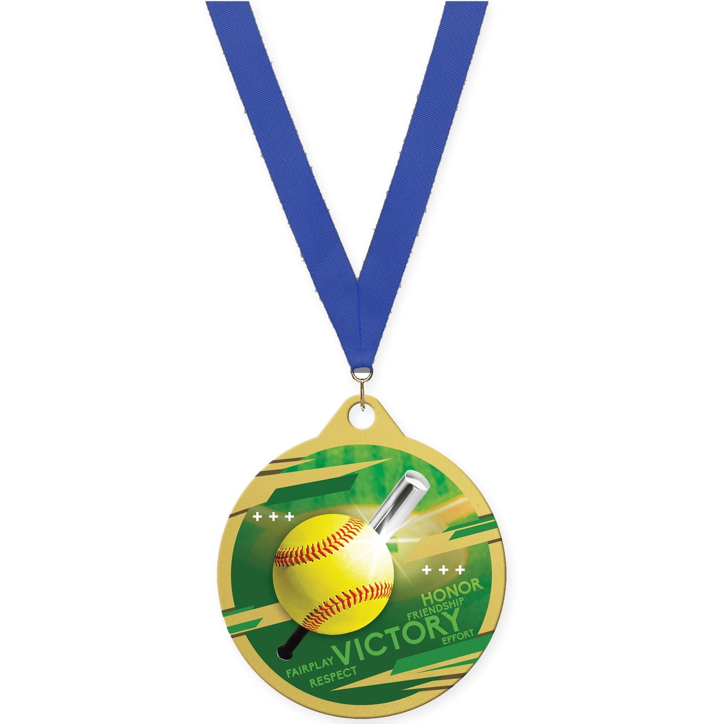 2 inch softball Inspire medal in gold with Blue neck ribbon