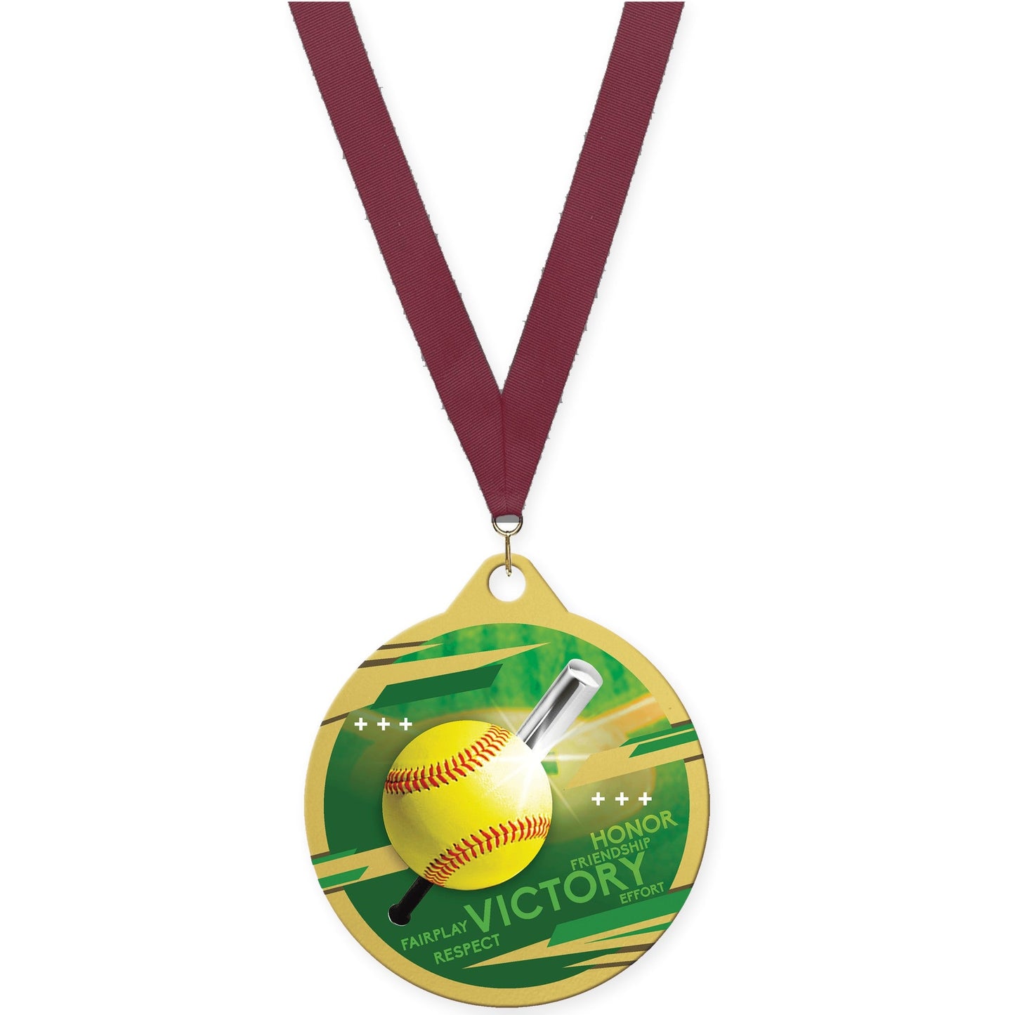 2 inch softball Inspire medal in gold with Maroon neck ribbon