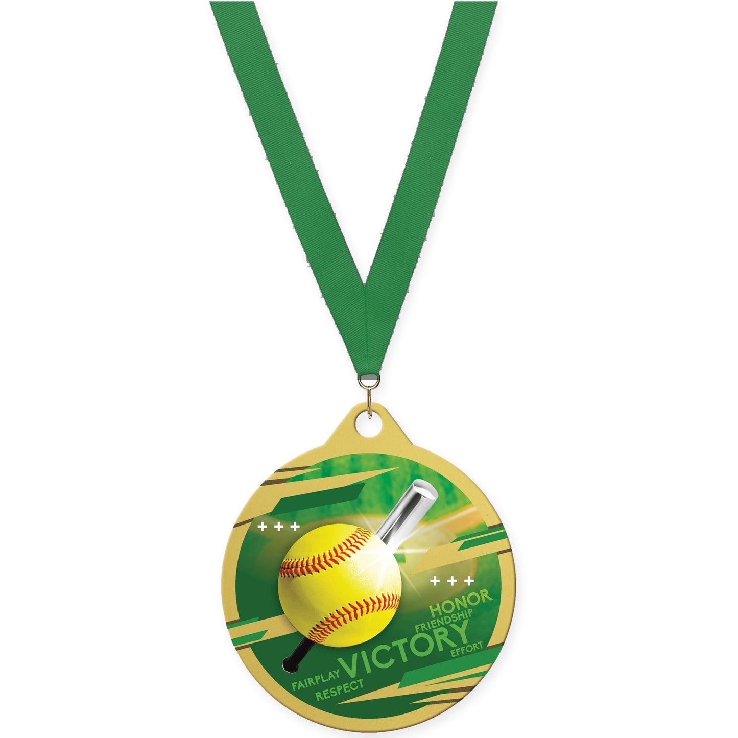 2 inch softball Inspire medal in gold with Green neck ribbon
