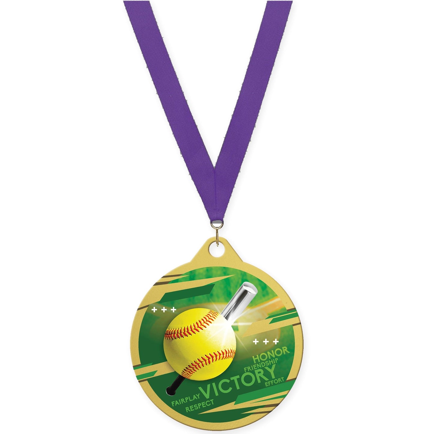 2 inch softball Inspire medal in gold with Purple neck ribbon
