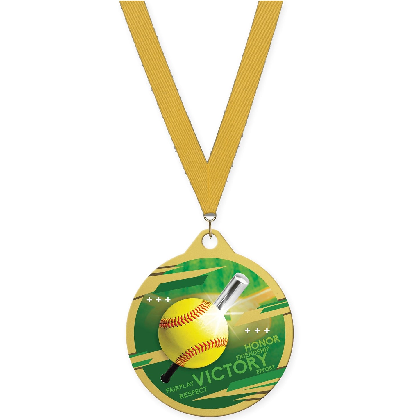 2 inch softball Inspire medal in gold with Gold neck ribbon