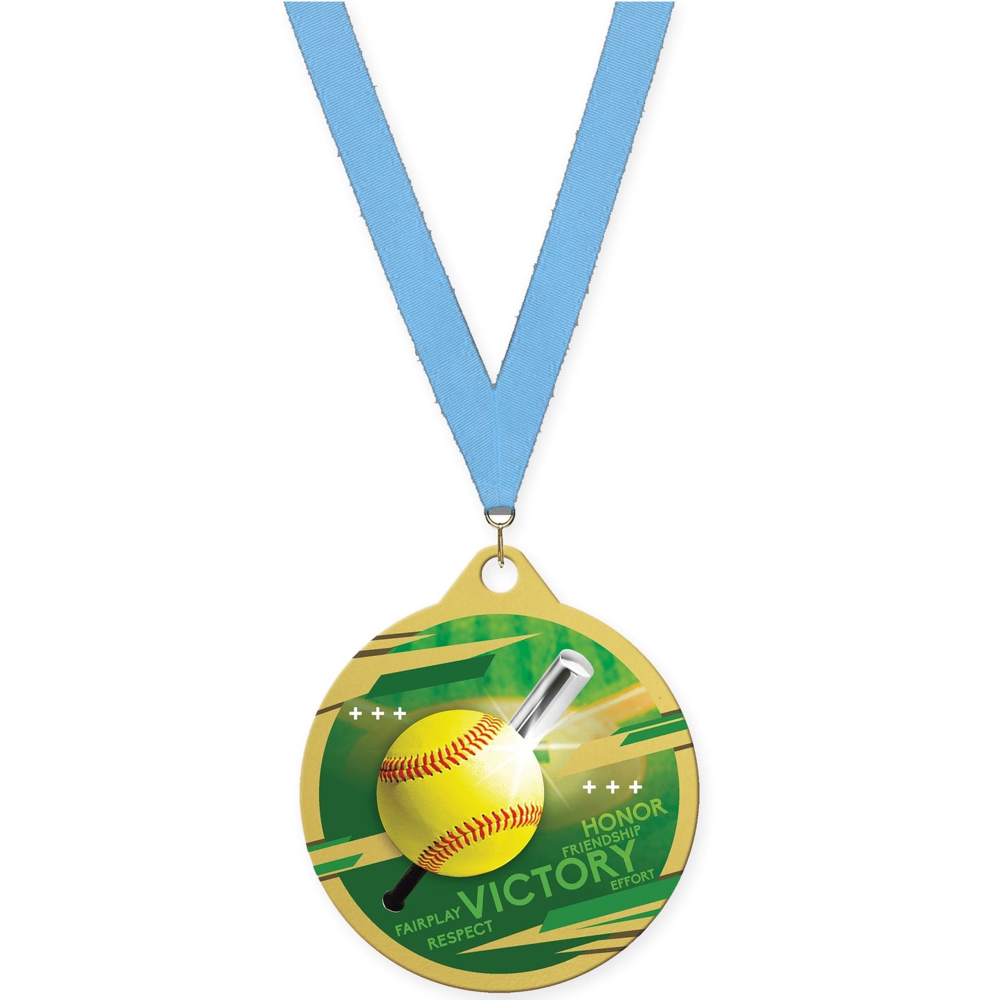 2 inch softball Inspire medal in gold with Light Blue neck ribbon