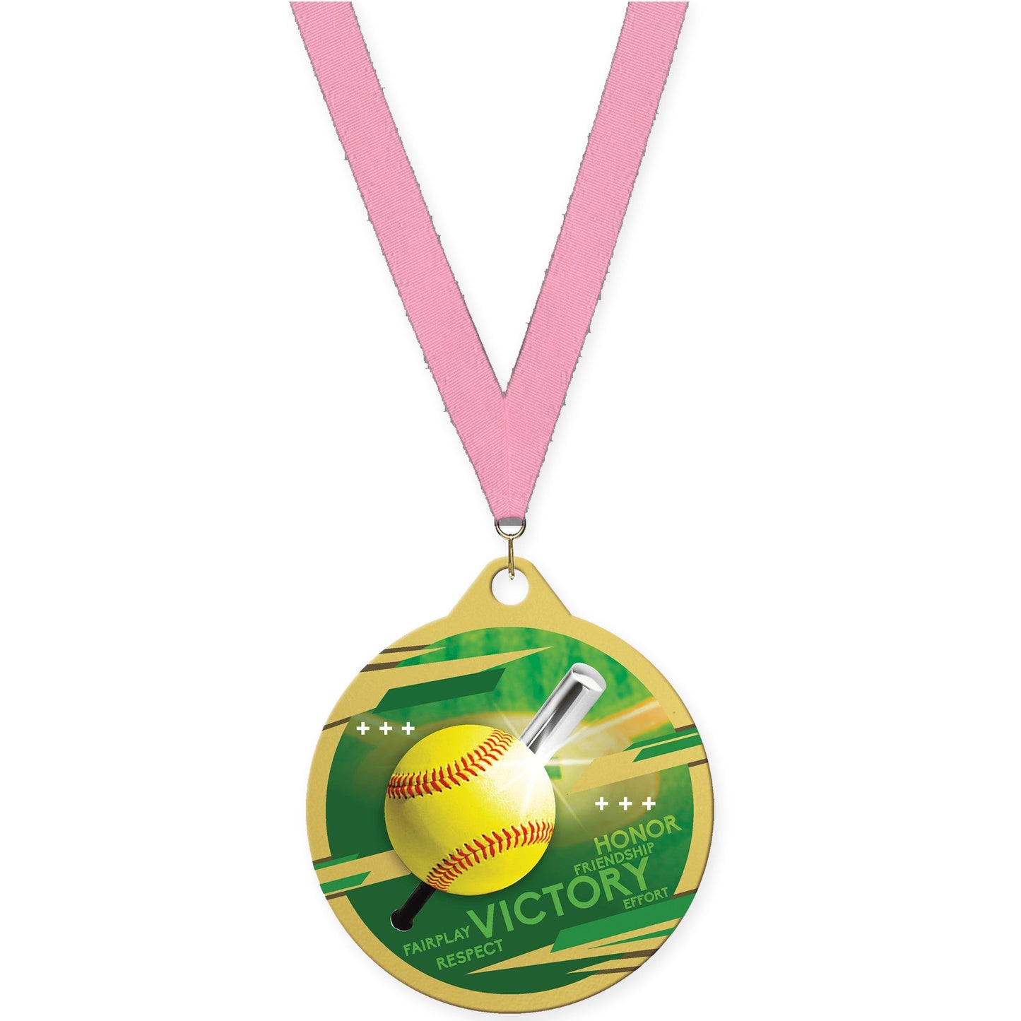 2 inch softball Inspire medal in gold with Pink neck ribbon