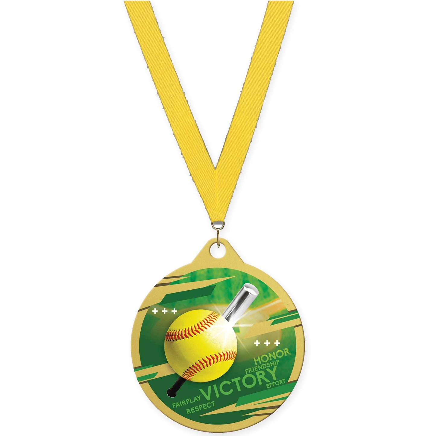 2 inch softball Inspire medal in gold with Yellow neck ribbon