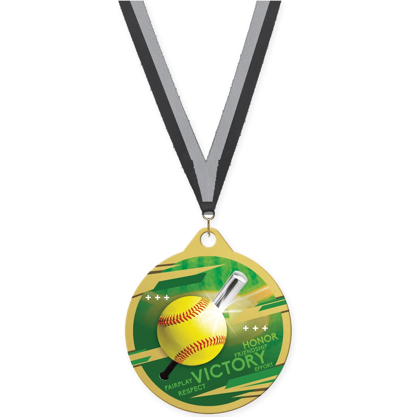 2 inch softball Inspire medal in gold with Black Gray neck ribbon