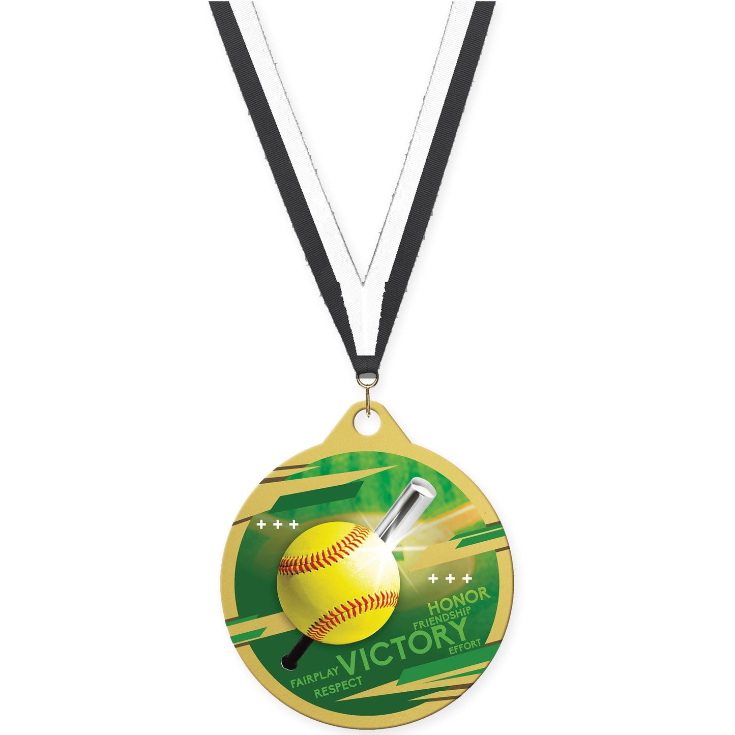 2 inch softball Inspire medal in gold with Black White neck ribbon