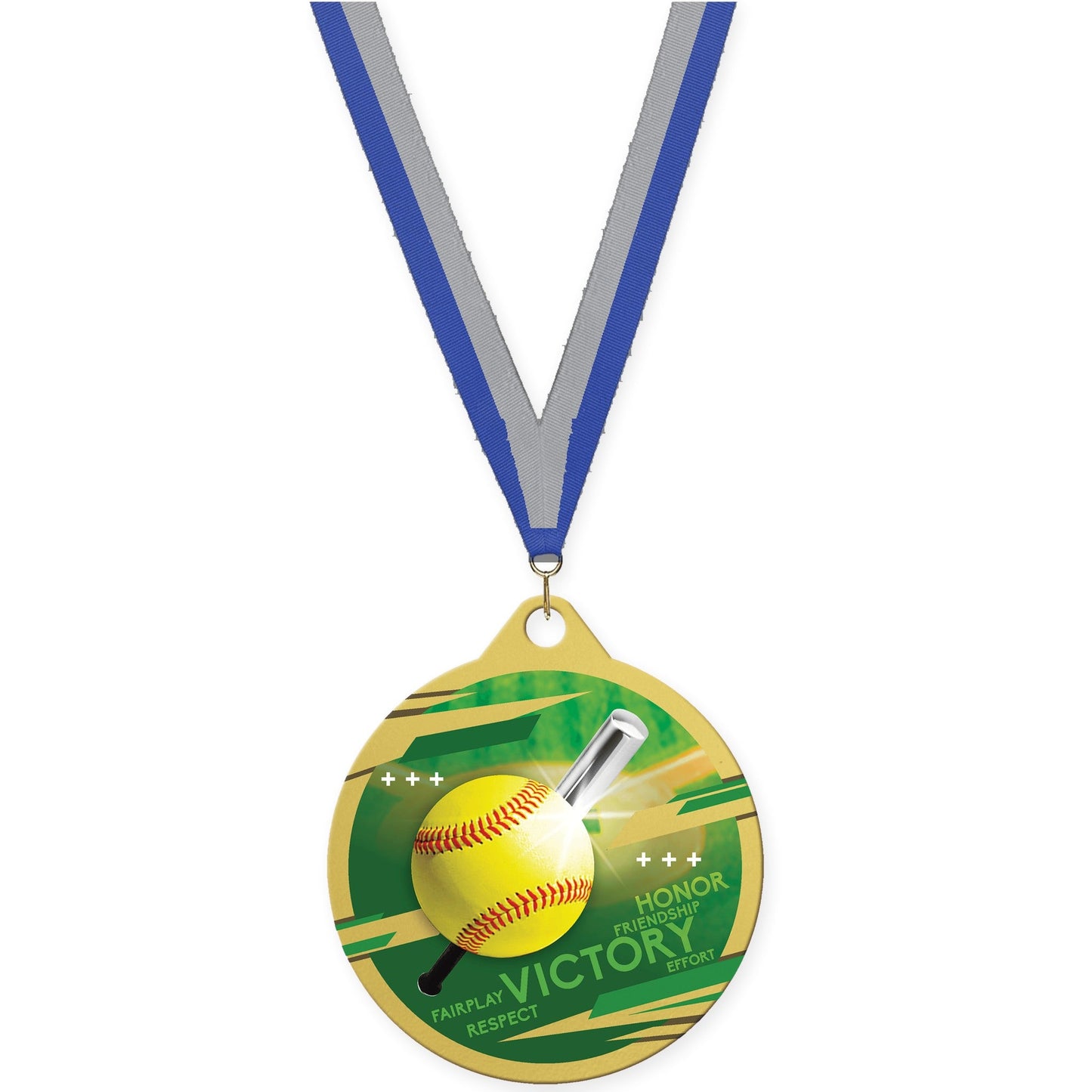 2 inch softball Inspire medal in gold with Blue Gray neck ribbon