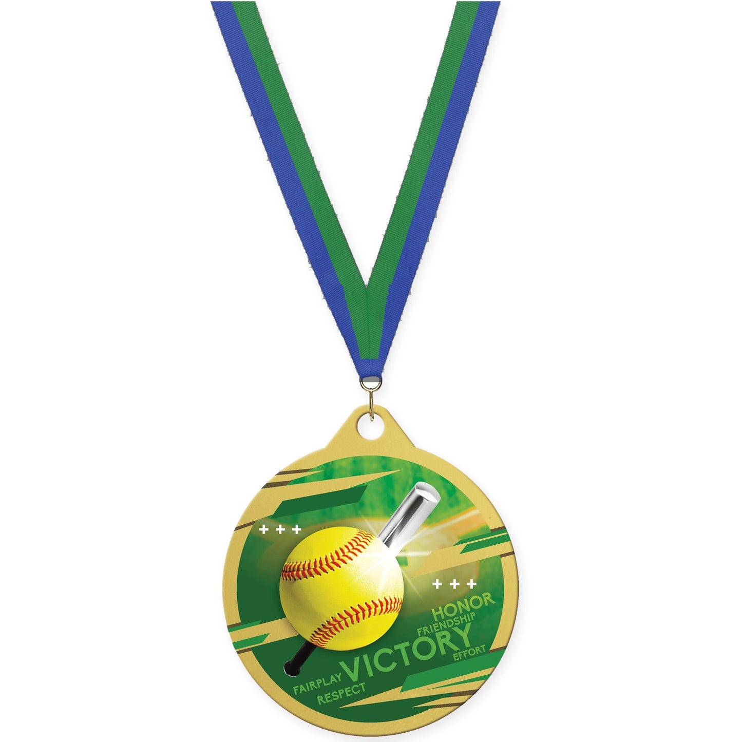 2 inch softball Inspire medal in gold with Blue Green neck ribbon