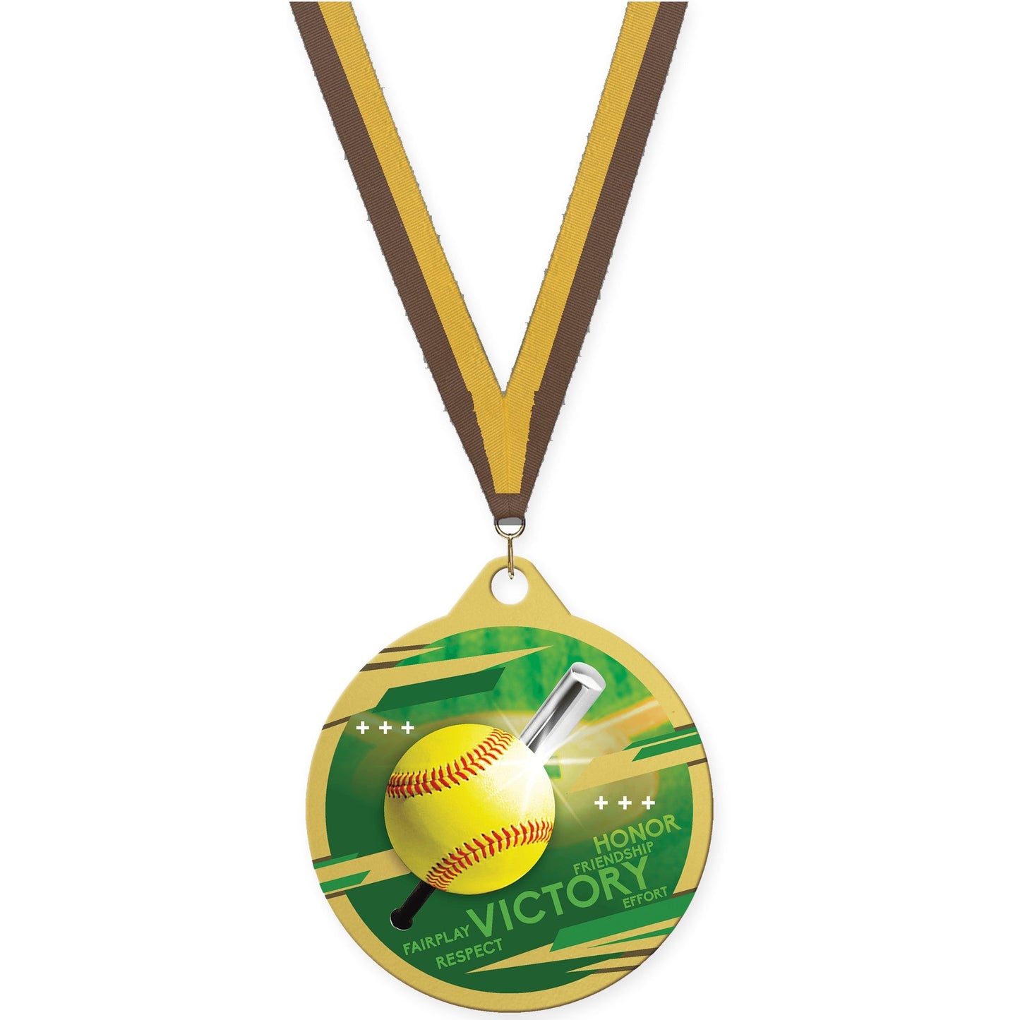 2 inch softball Inspire medal in gold with Brown Gold neck ribbon