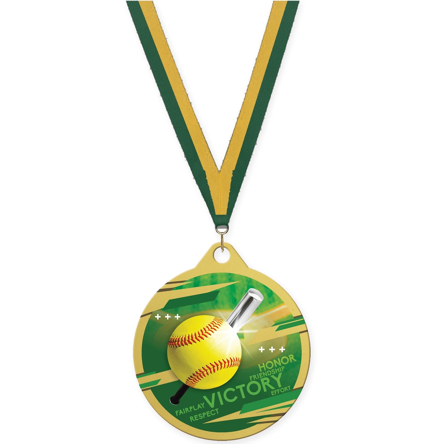 2 inch softball Inspire medal in gold with Hunter Green Gold neck ribbon
