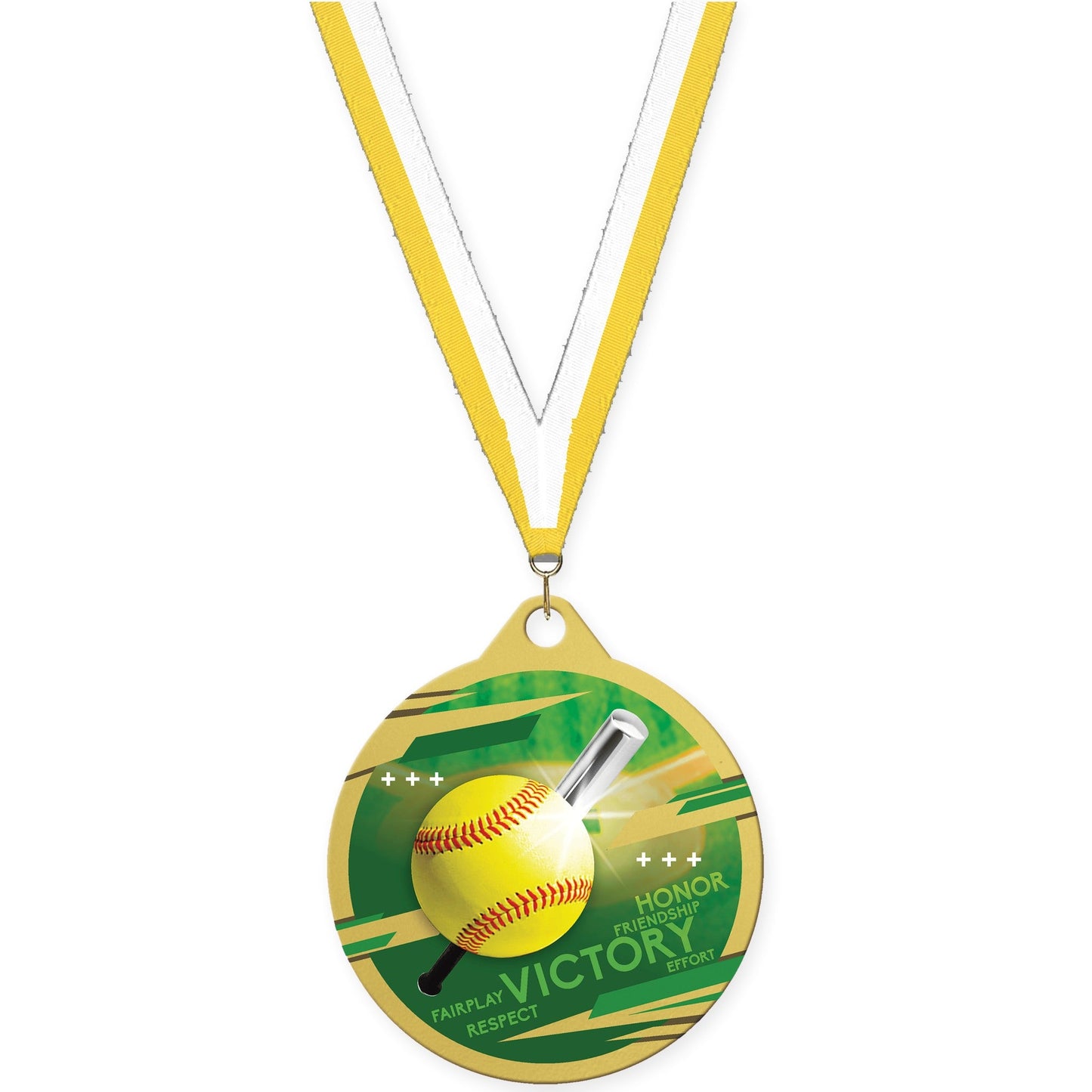 2 inch softball Inspire medal in gold with Yellow White neck ribbon