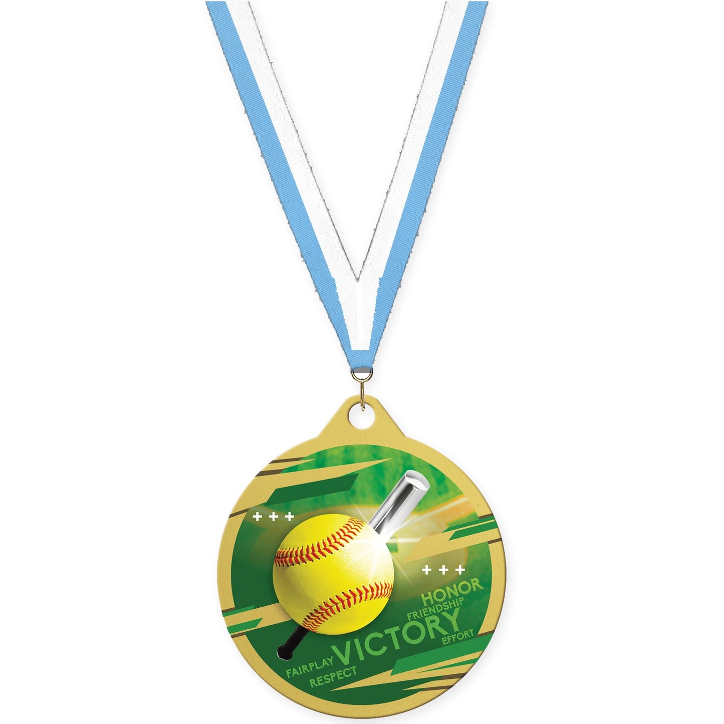 2 inch softball Inspire medal in gold with Light Blue White neck ribbon