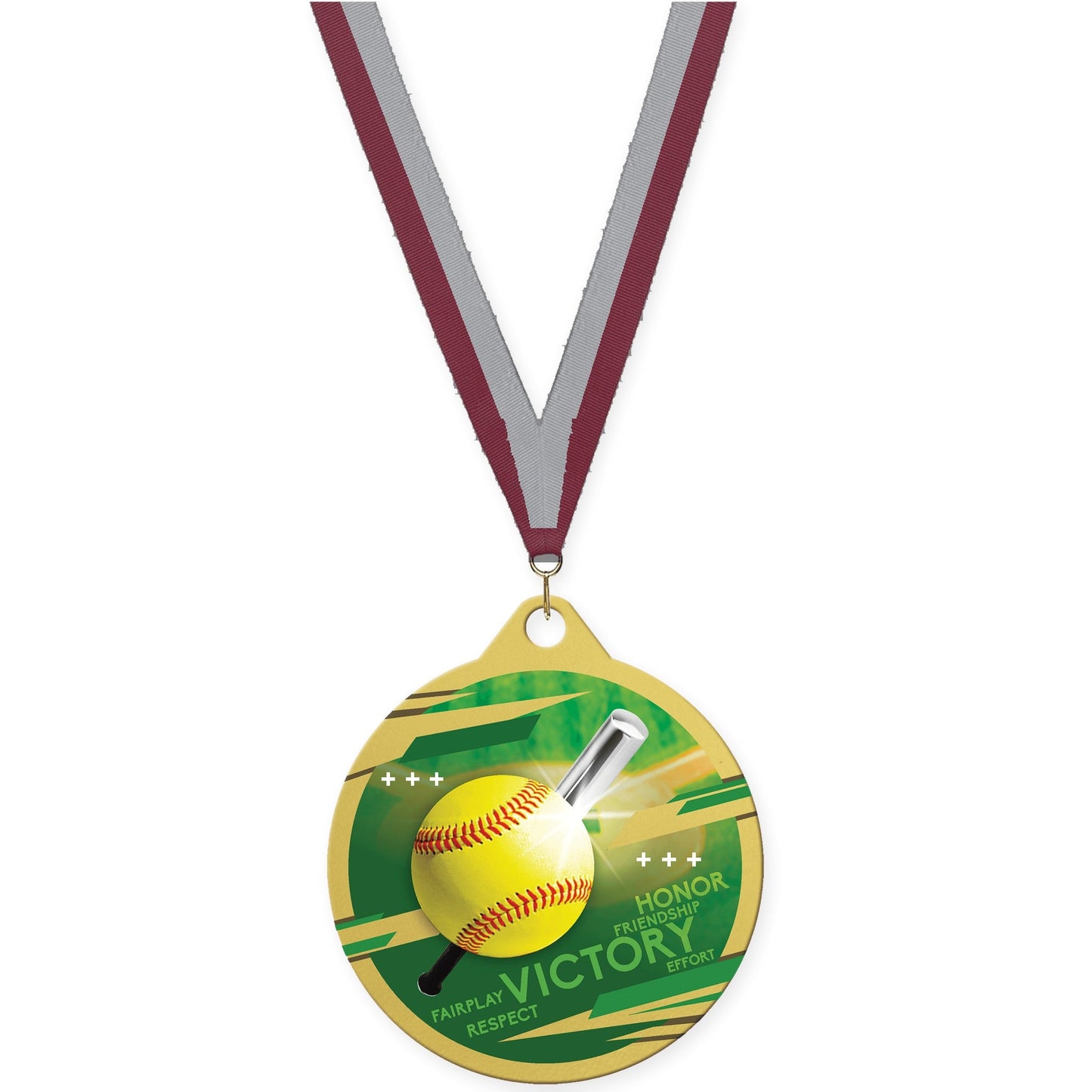 2 inch softball Inspire medal in gold with Maroon Gray neck ribbon