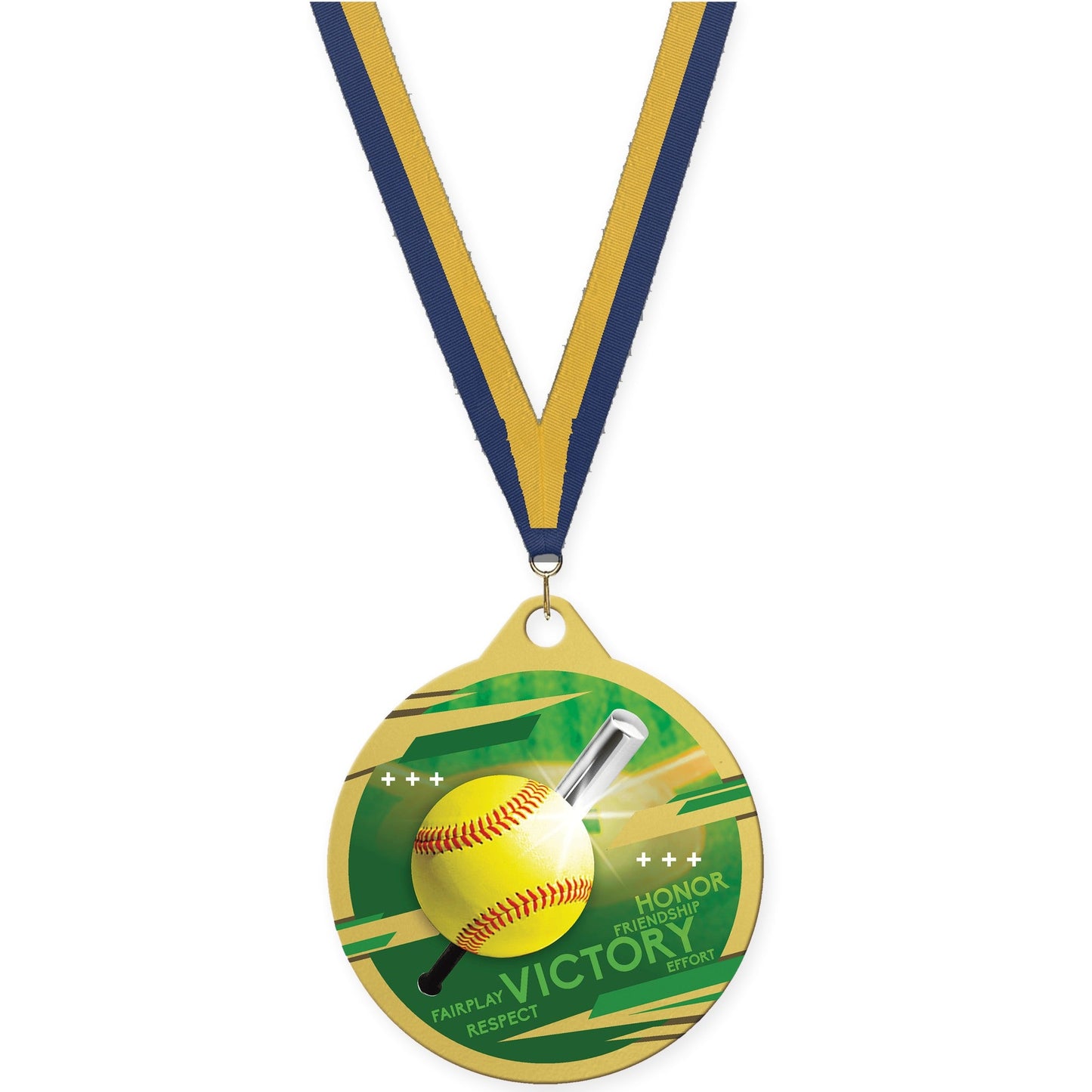 2 inch softball Inspire medal in gold with Navy Gold neck ribbon