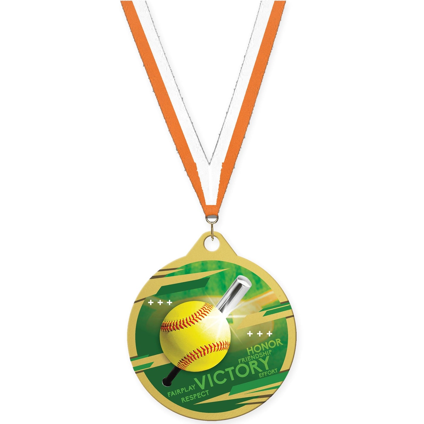 2 inch softball Inspire medal in gold with Orange White neck ribbon