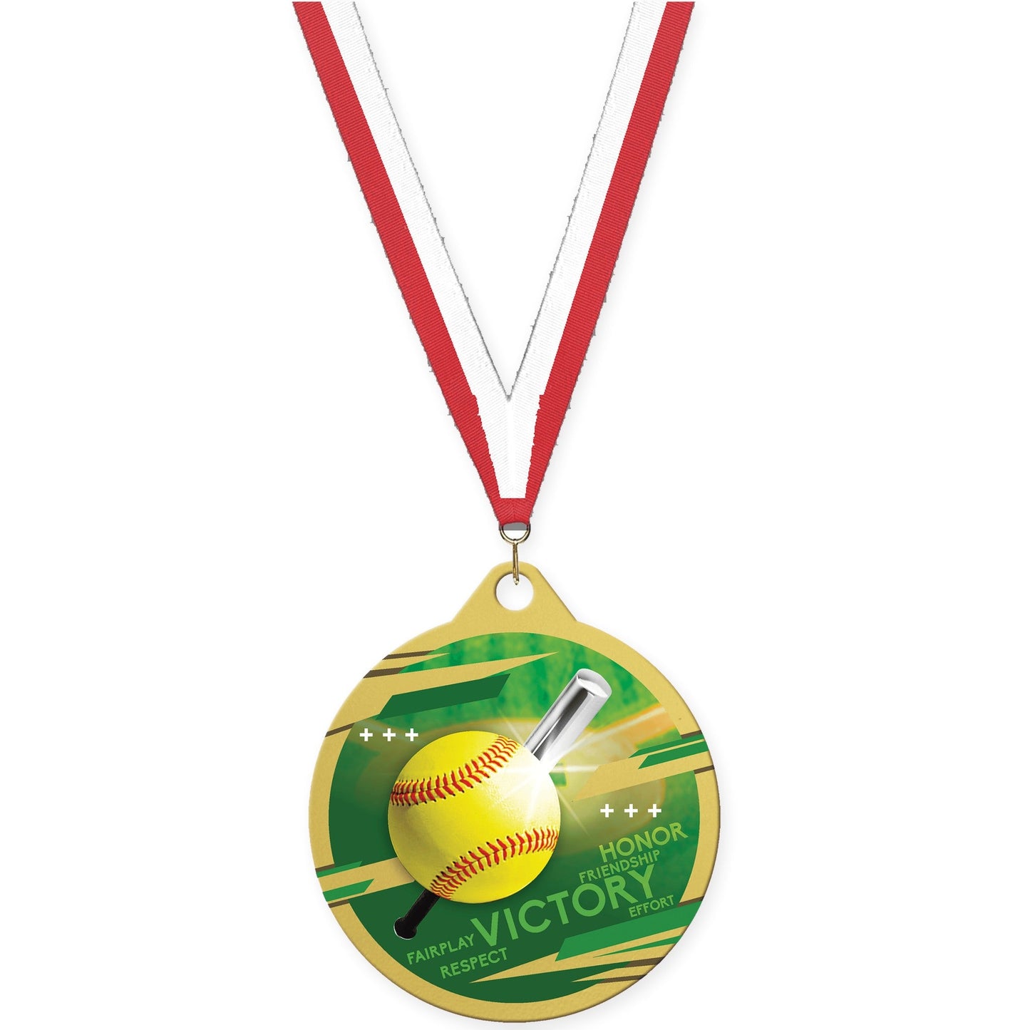 2 inch softball Inspire medal in gold with Red White neck ribbon