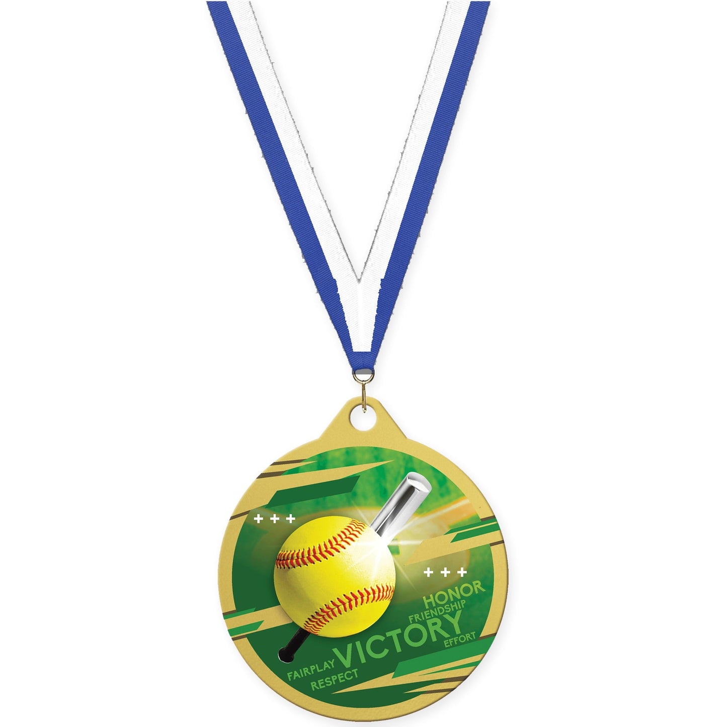 2 inch softball Inspire medal in gold with Blue White neck ribbon