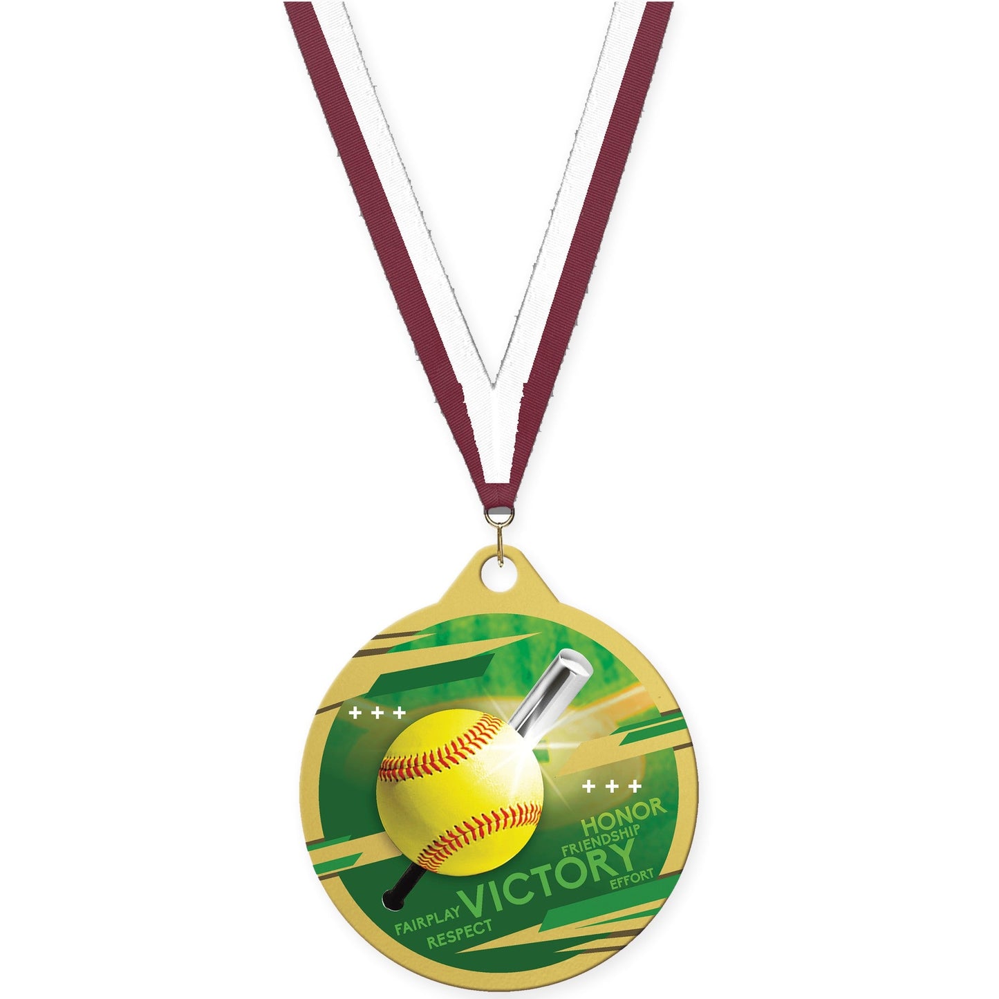 2 inch softball Inspire medal in gold with Maroon White neck ribbon